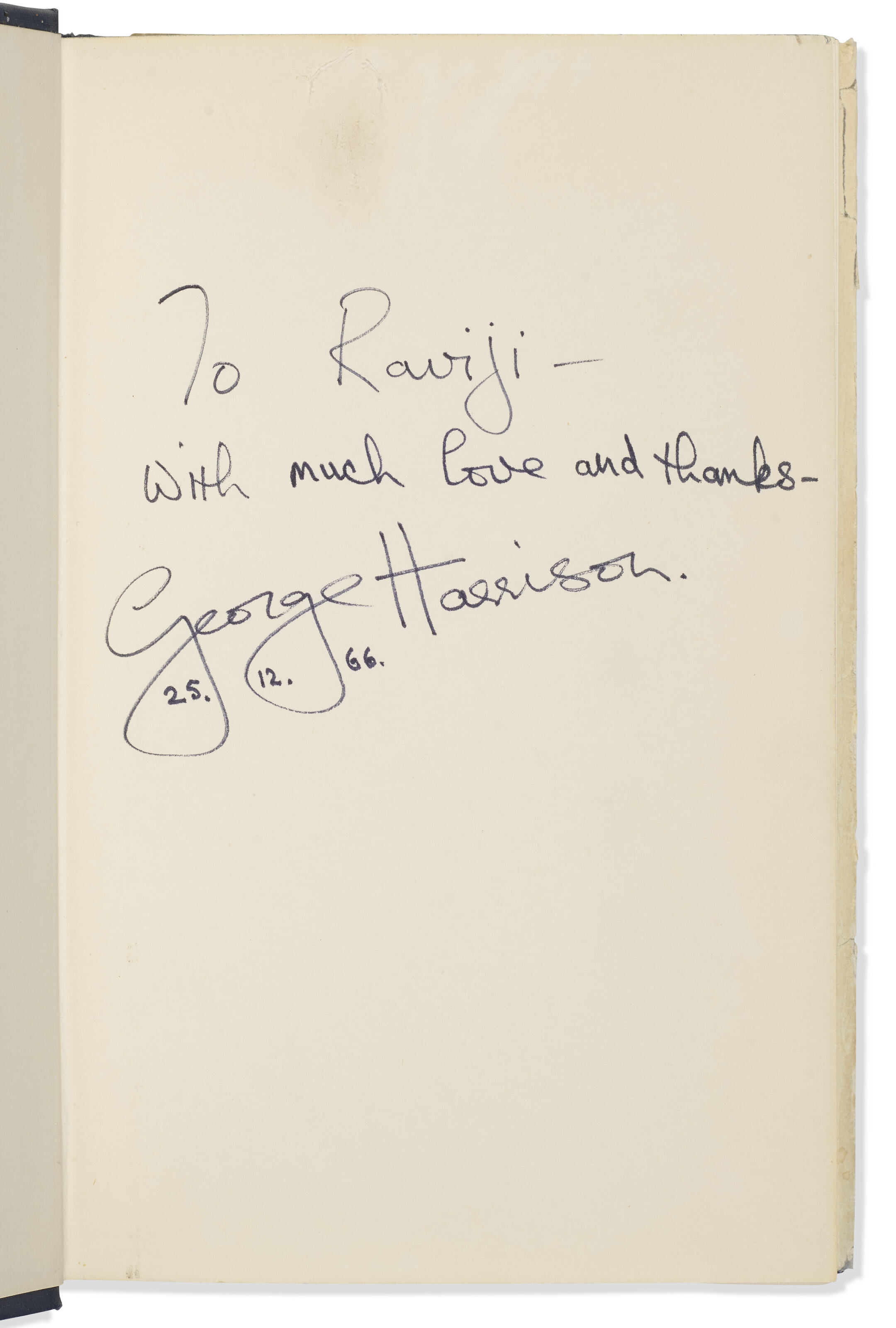 The I Ching or Book of Changes, presentation copy signed from George Harrison to Ravi Shankar, Christmas 1966. Sold for $10,080 in Fine Printed Books and Manuscripts on 7 December 2022 at Christie&rsquo;s online