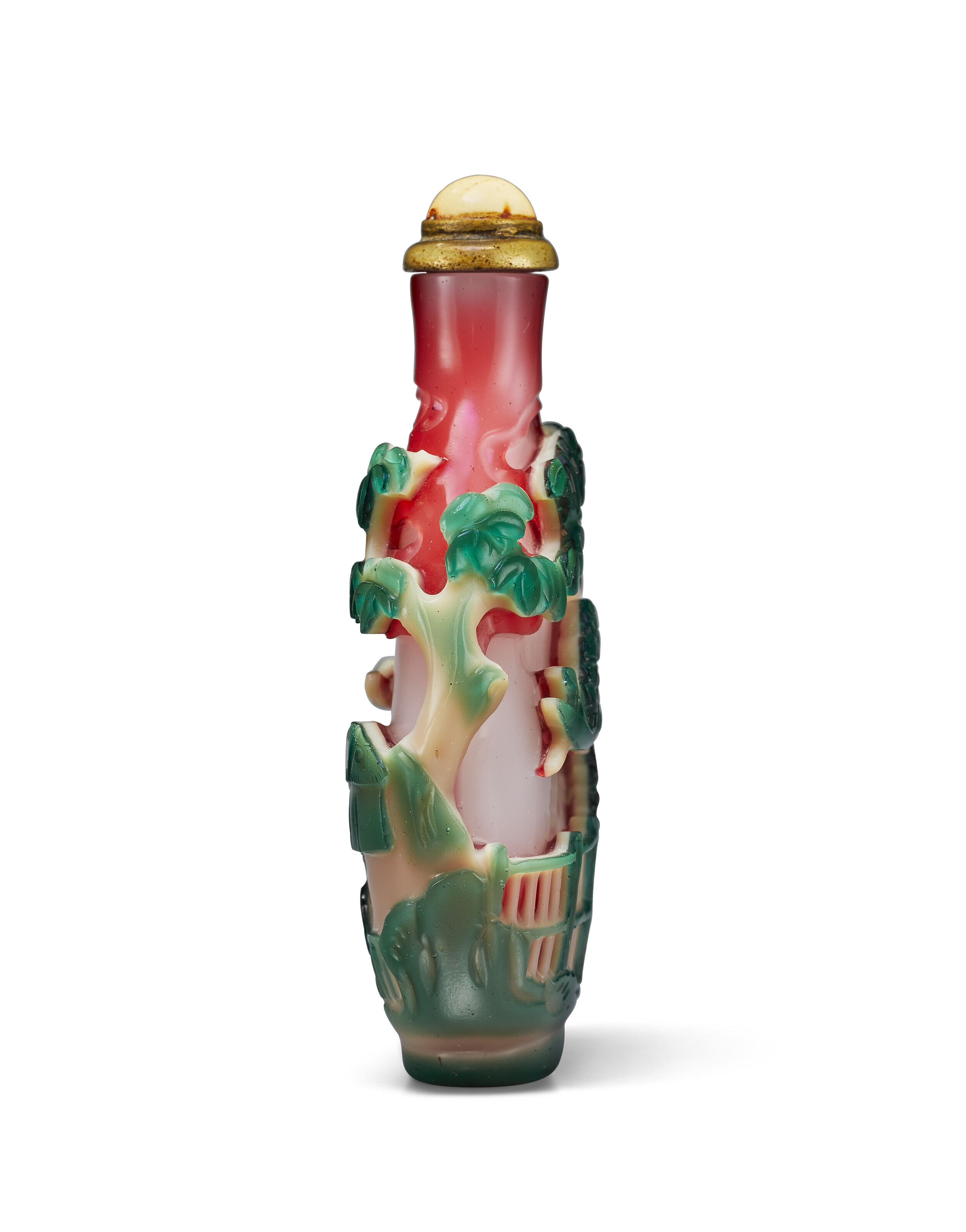 A VERY RARE GREEN, PINK AND YELLOW-OVERLAY WHITE GLASS SNUFF