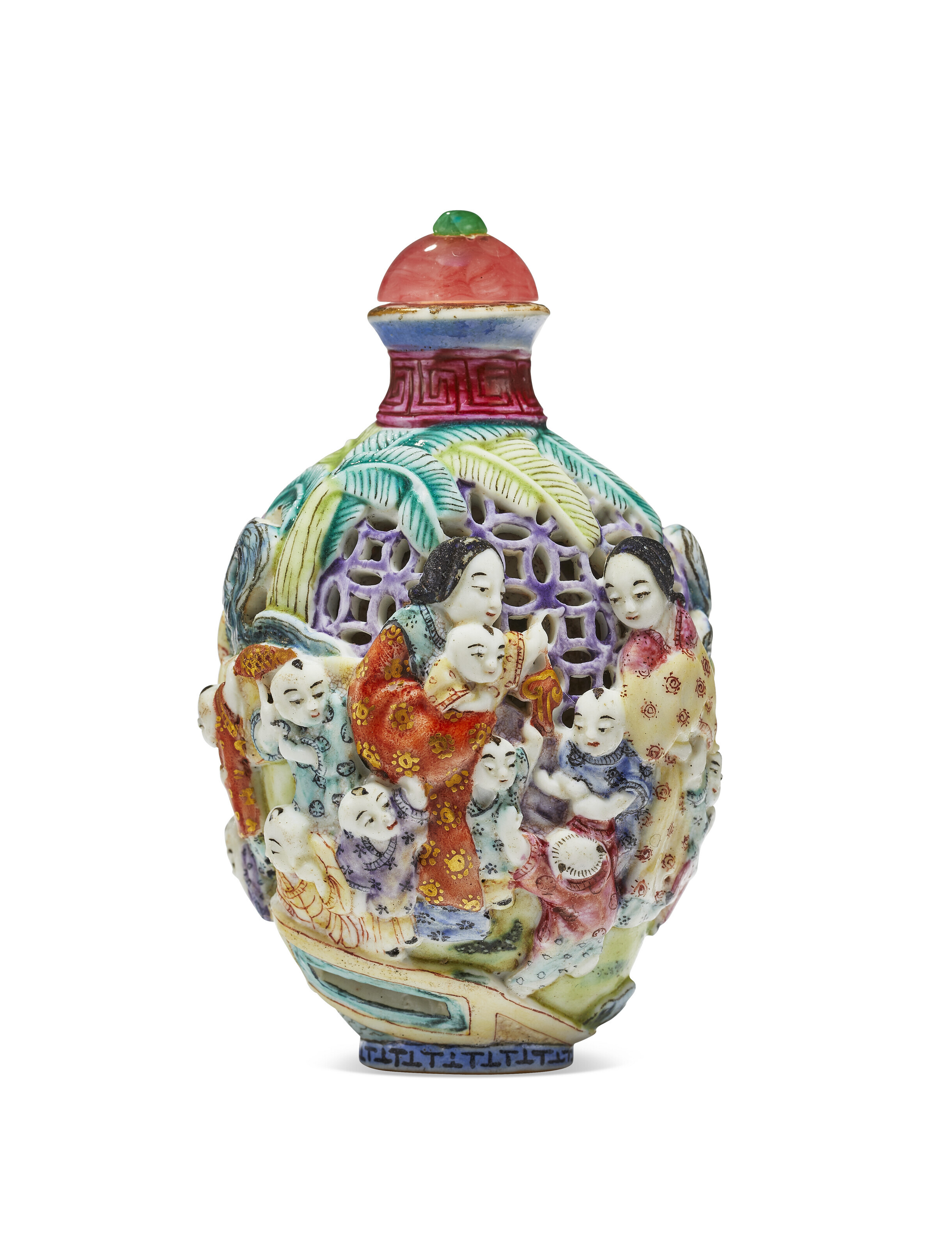 A FAMILLE ROSE MOLDED AND RETICULATED PORCELAIN SNUFF BOTTLE