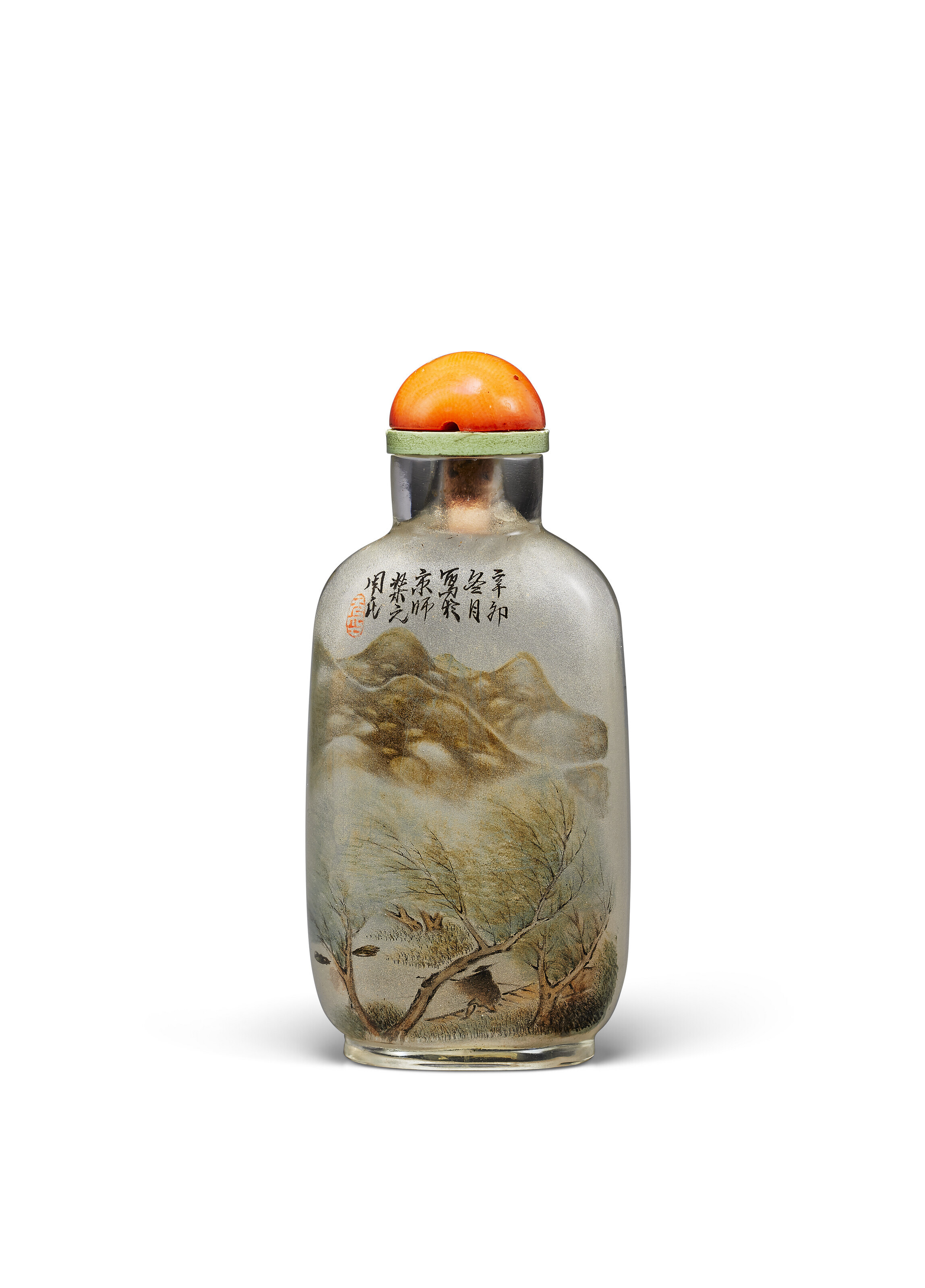 辛卯年(1891) 周樂元作玻璃內畫雨舟圖鼻煙壺, SIGNED ZHOU