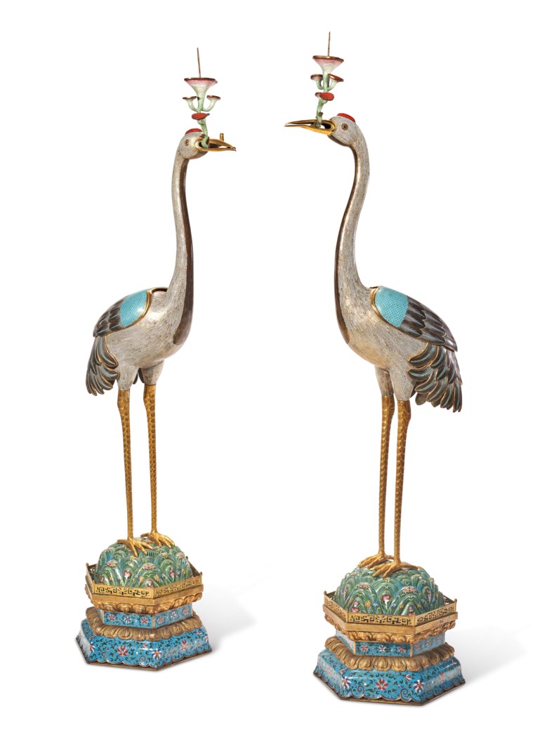 A PAIR OF MASSIVE CHINESE CLOISONNÉ AND CHAMPLEVÉ ENAMEL CRANEFORM
