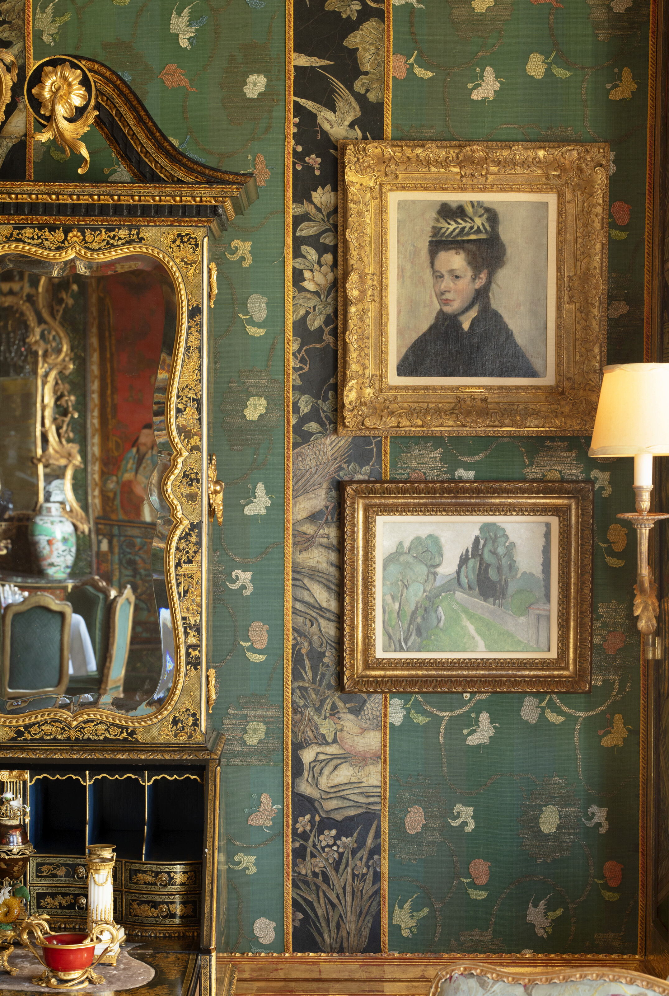 A GEORGE II GREEN AND GILT-JAPANNED AND PARCEL-GILT BUREAU CABINET