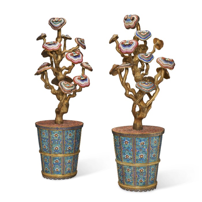 A RARE PAIR OF CHINESE IMPERIAL CLOISONNÉ AND CHAMPLEVÉ ENAMEL LINGZHI