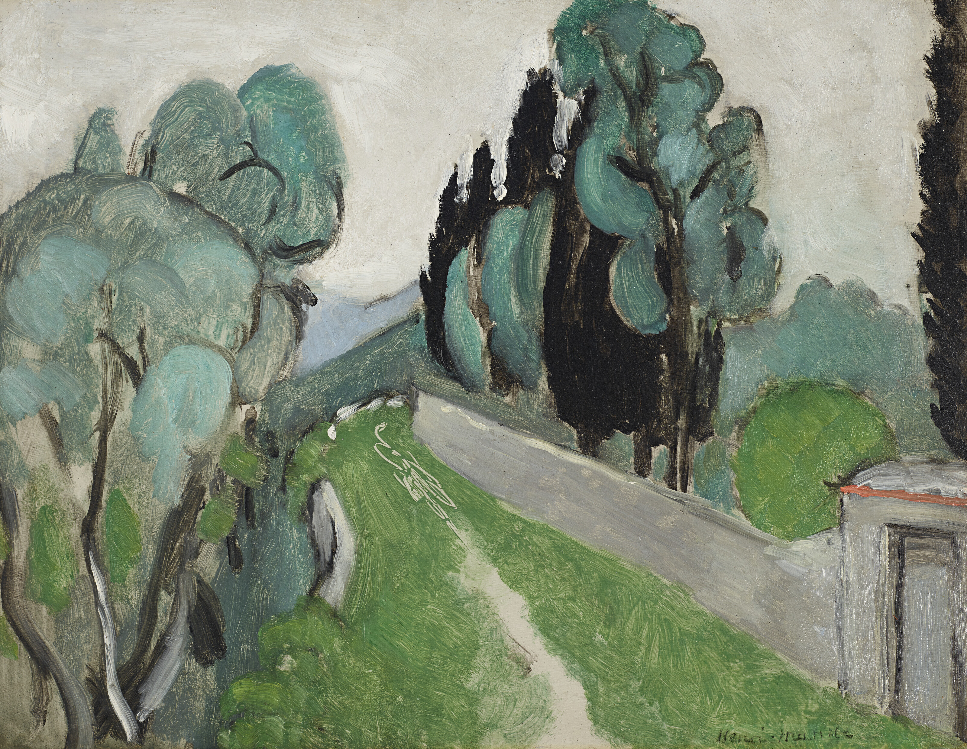 Henri Matisse (1869-1954), Paysage avec Cypr&egrave;s et Oliviers aux Environs de Nice, 1918. Oil on board laid down on panel. 10⅝ x 13&frac34; in (27 x 34.9 cm). Sold for $2,220,000 in The Ann &amp; Gordon Getty Collection: Volume 2 on 20 October at Christie&rsquo;s in New York