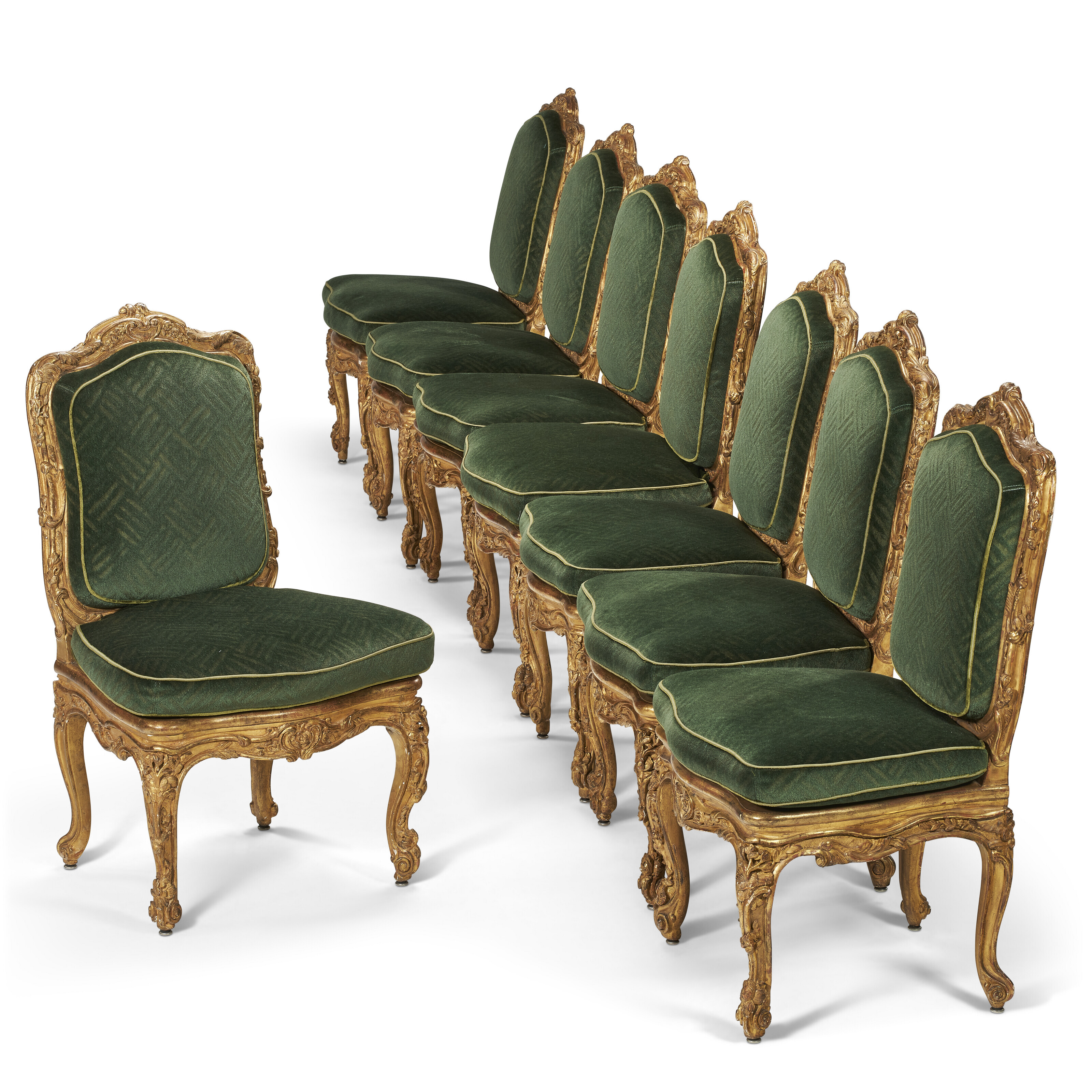 A SET OF SIX LOUIS XV GILTWOOD CHAISES A LA REINE, BY NICOLAS