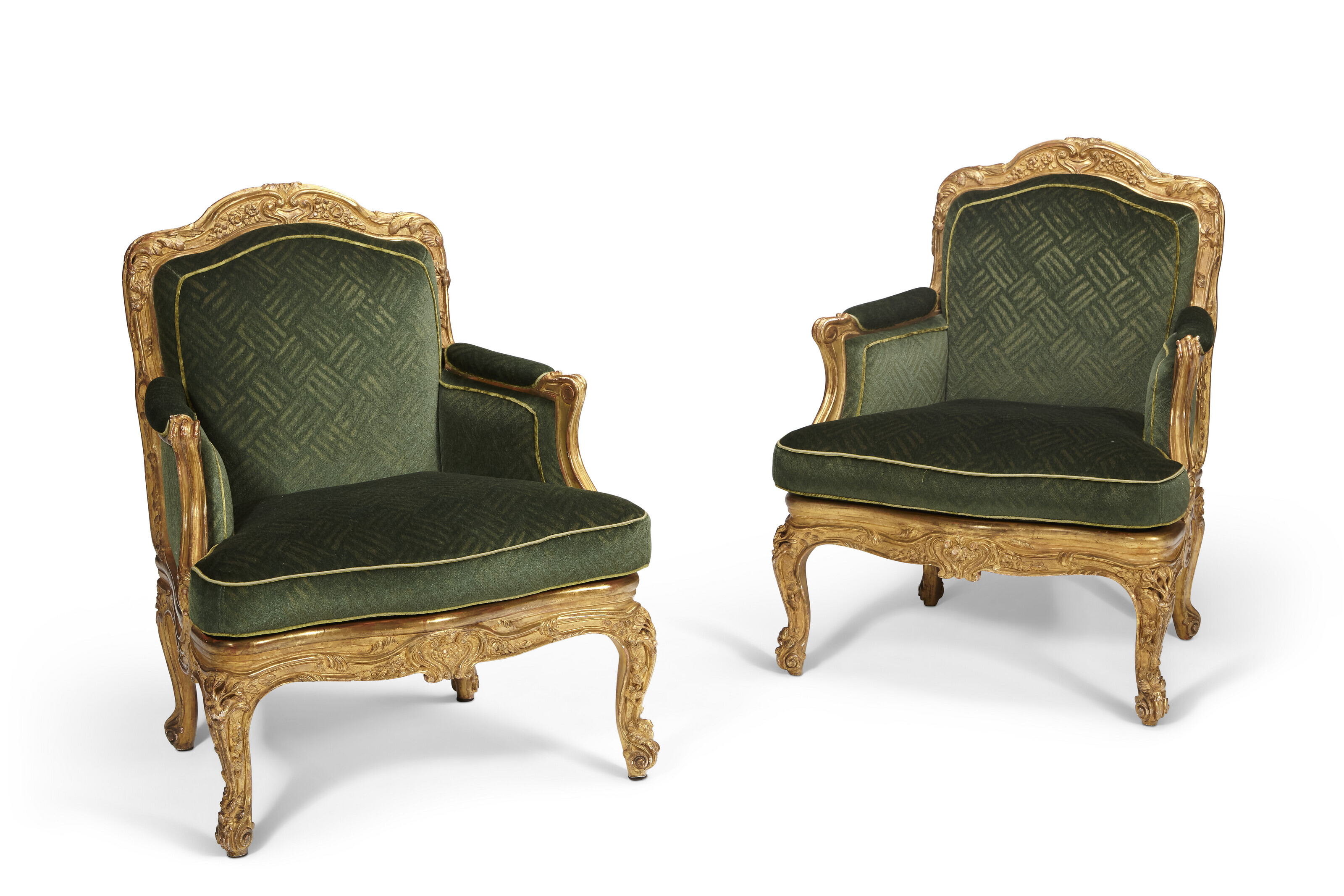 A SET OF SIX LOUIS XV GILTWOOD CHAISES A LA REINE, BY NICOLAS