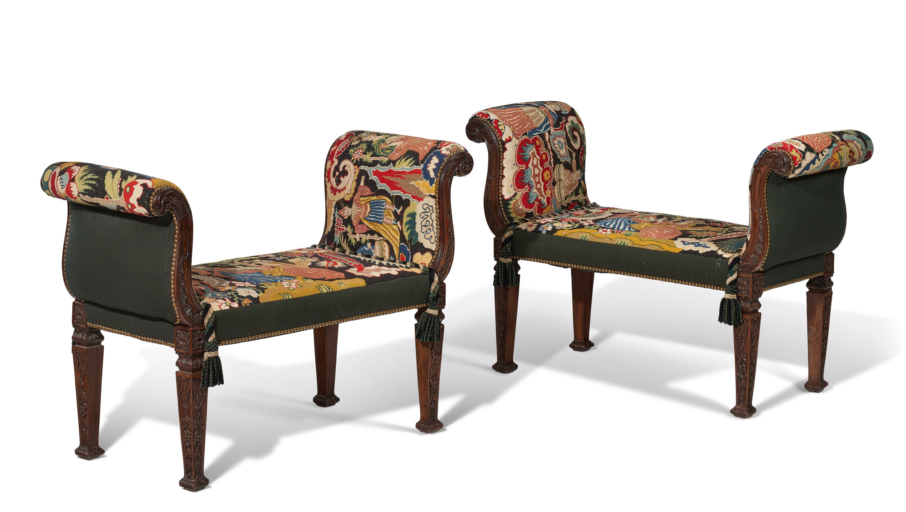 A PAIR OF GEORGE III FUSTIC WINDOW SEATS, CIRCA 1765, IN THE MANNER OF ...