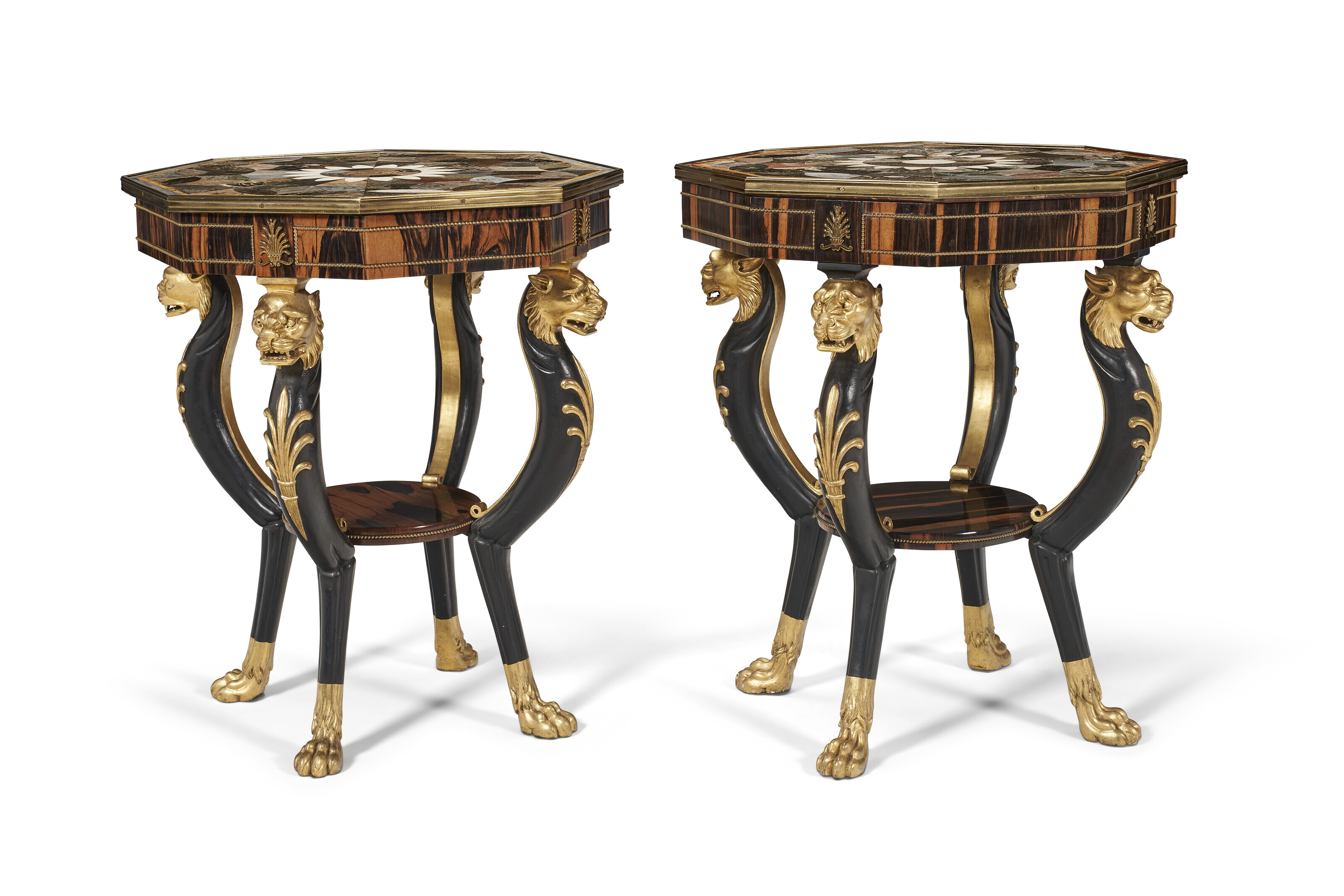 A Pair of Regency Calamander, Ebonized and Parcel-Gilt Octagonal Tables with Italian Specimen Marble Tops, 1810. 31&frac34; in (80.6 cm) high, 26 in (66 cm) wide, the larger.  Sold for $428,400 in The Ann &amp; Gordon Getty Collection: Volume 1 on 22 October at Christie&rsquo;s in New York