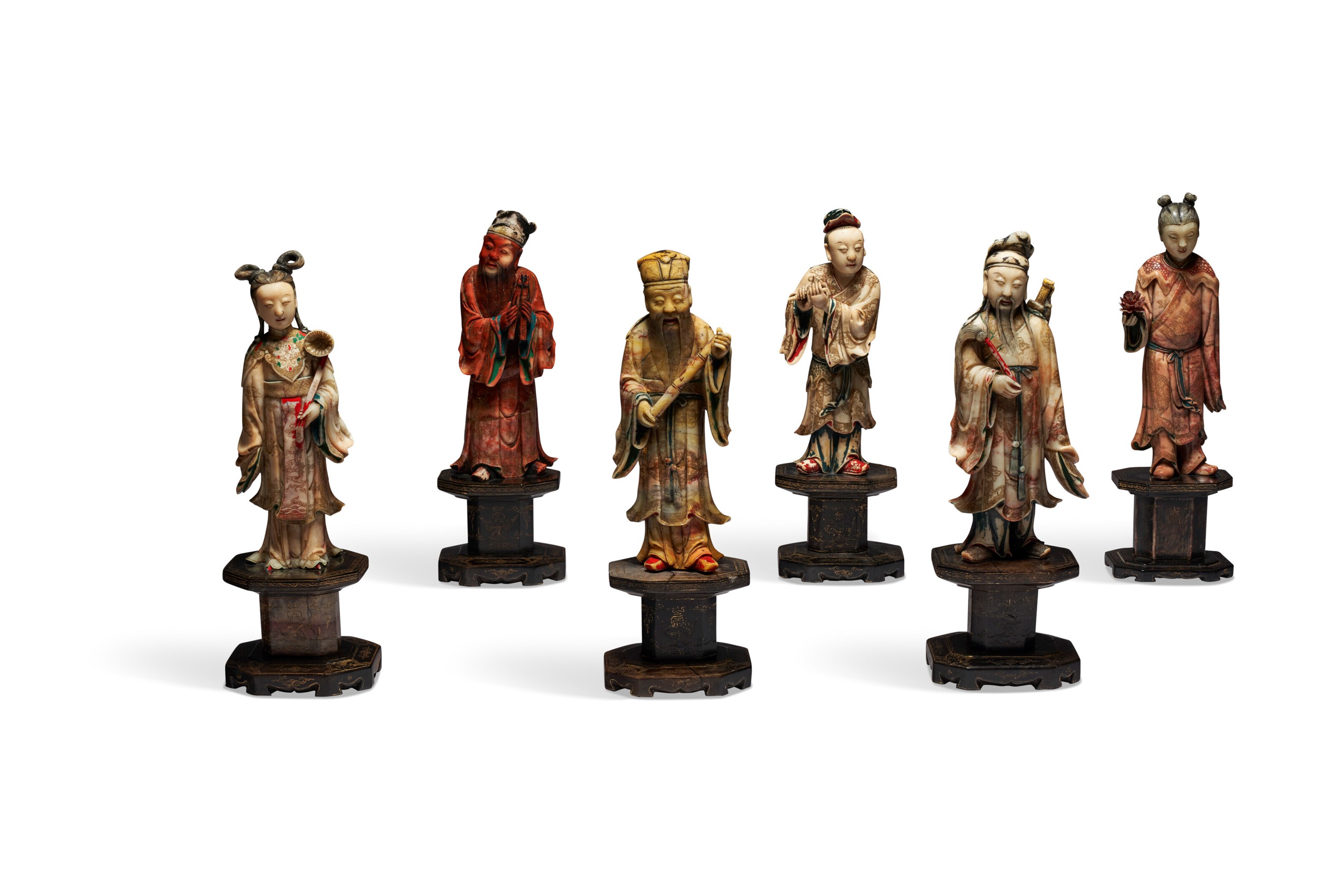 A SET OF SIX CHINESE SOAPSTONE CARVINGS OF IMMORTALS, LATE MING EARLY