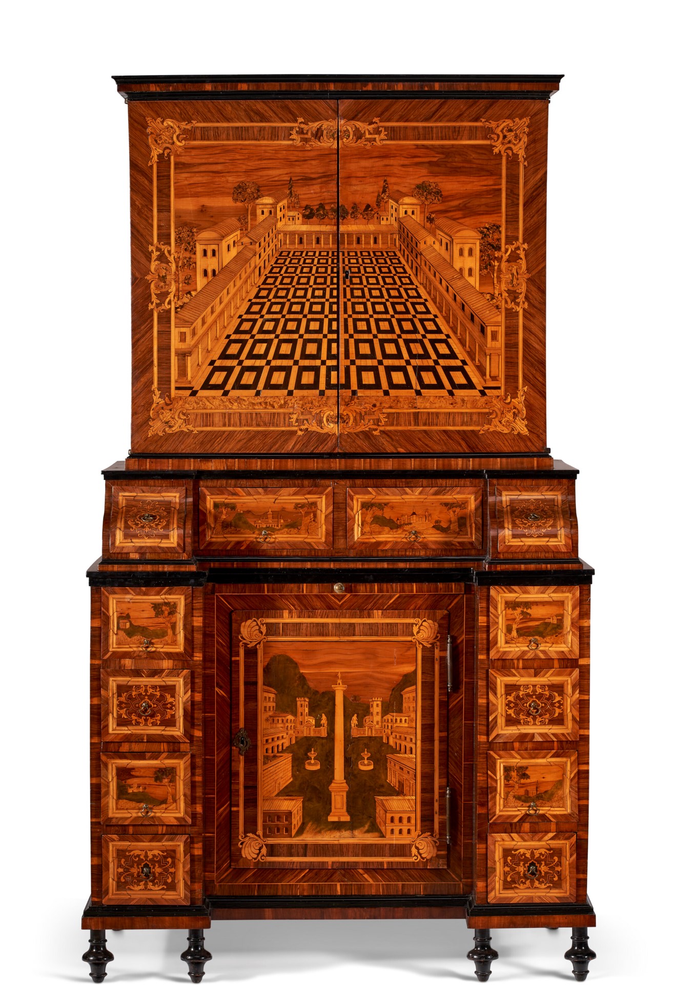 A SOUTH GERMAN BRASSMOUNTED EBONIZED, BURR BIRCH, FRUITWOOD AND