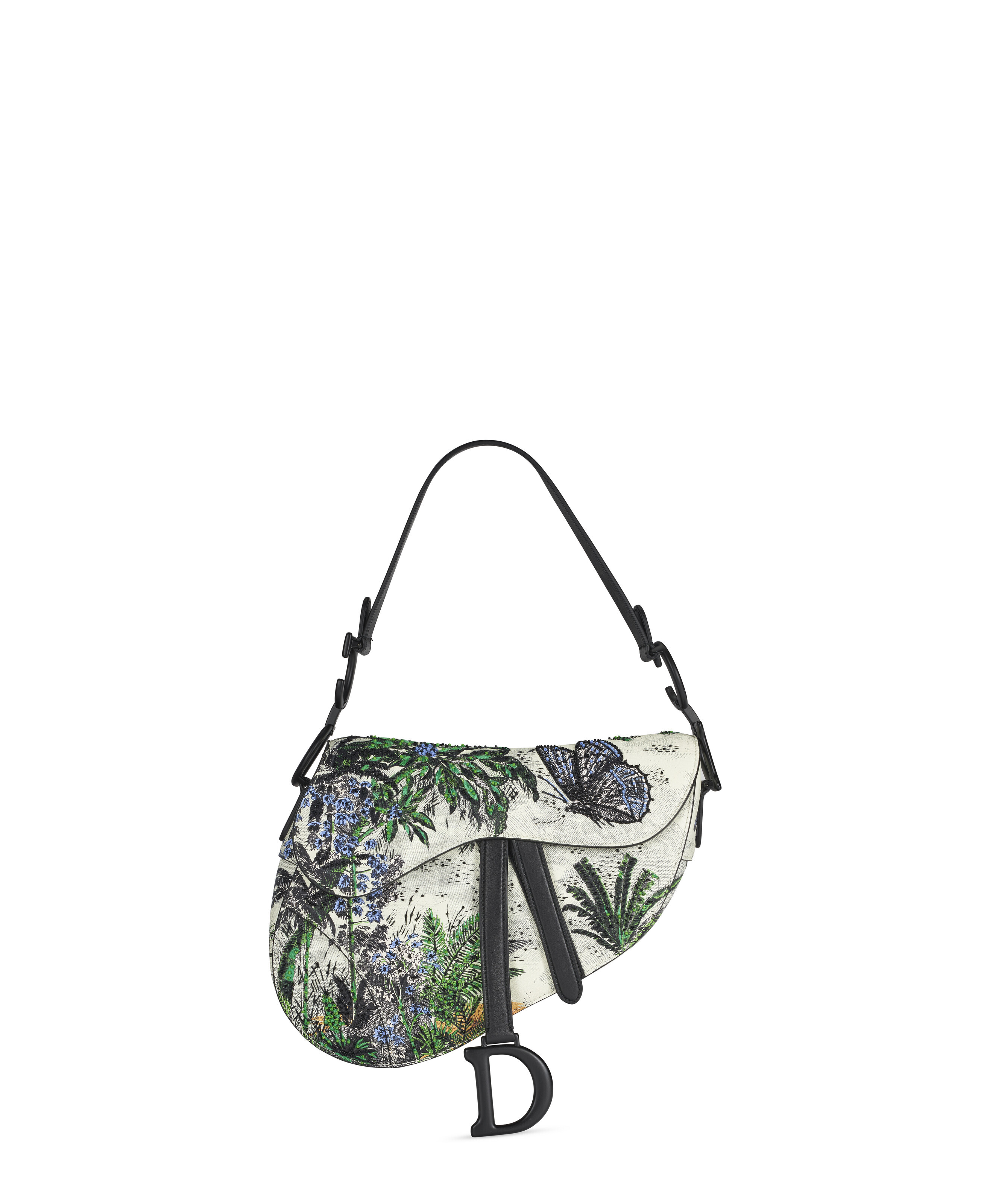 A LIMITED EDITION CALFSKIN LEATHER EMBROIDERED TOILE DE JOUY TROPICALIA MEDIUM SADDLE BAG WITH BLACK HARDWARE