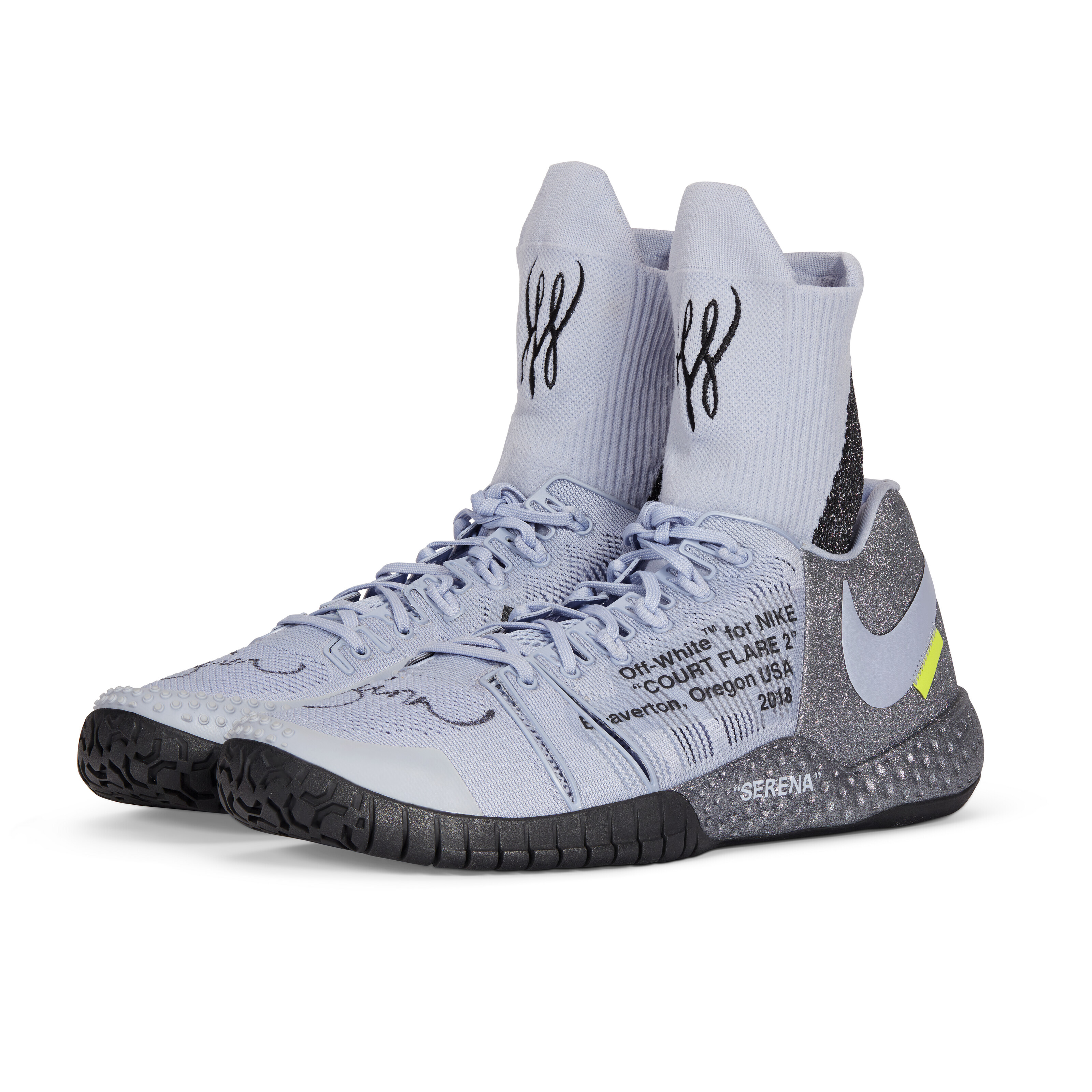 Serena Williams game worn and signed Court Flare 2 Purple by Virgil Abloh. Nike x Offwhite, 2018. Estimate: $17,000-$20,000. Offered in The Greats on 29 November-8 December at Christie&rsquo;s online