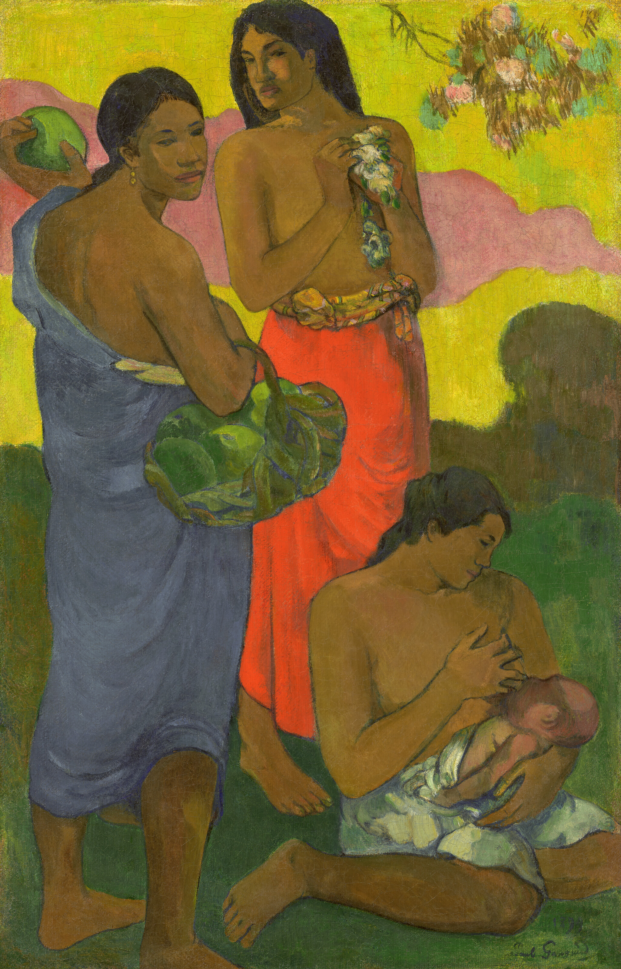 保罗&middot;高更(1922-2011)，《母性II》，1899年作。油彩 粗麻布。37&frac14; x 24英寸(94.7 x 61 公分)。此作于2022年11月9日在佳士得纽约先锋创见：保罗‧艾伦珍藏第一部分拍卖售出，成交价105,730,000美元
&nbsp;