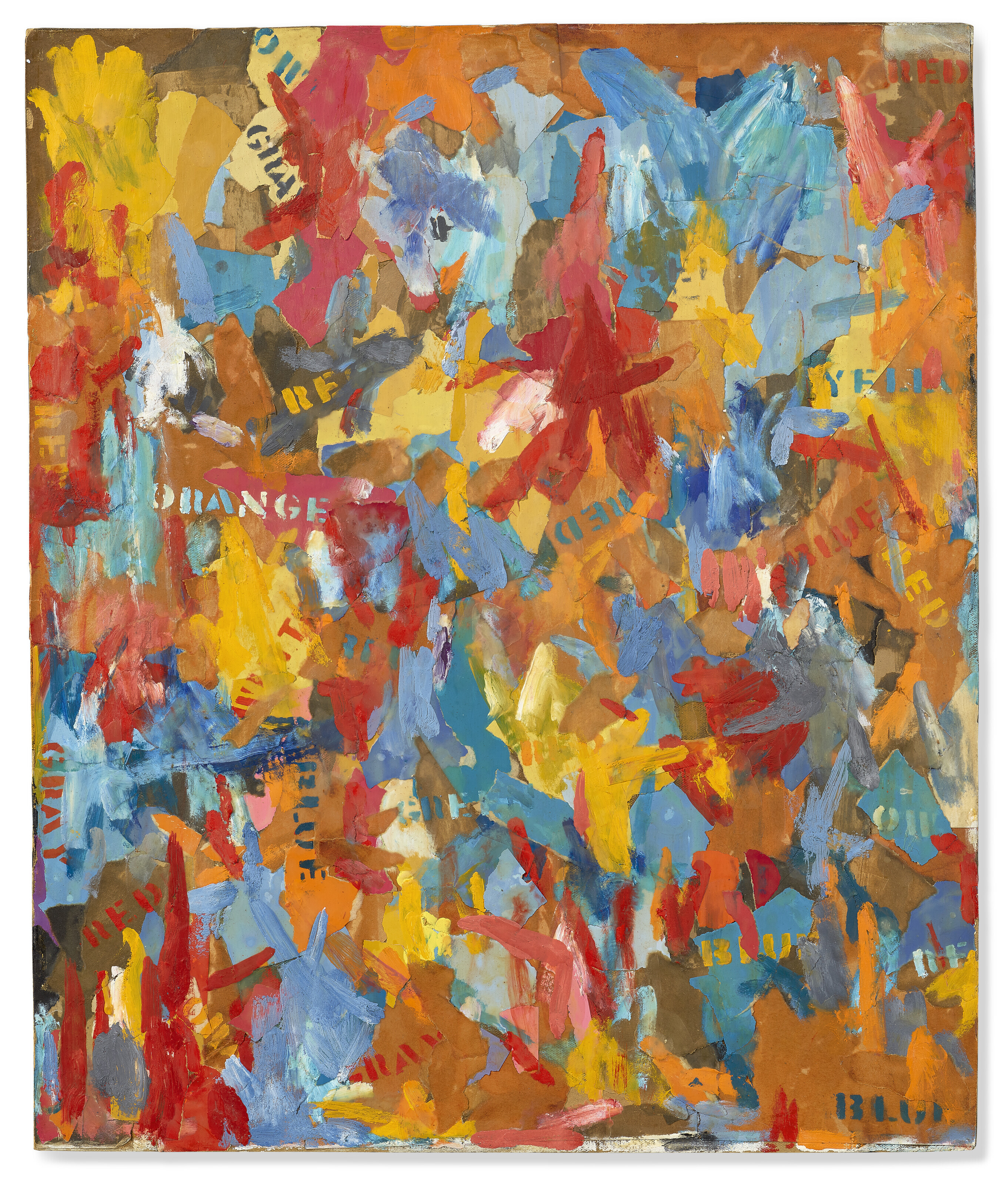 贾斯培・琼斯(1930年生)，《小号错误开端》，1960年作。蜡画 压克力 印纸拼贴 纤维板。21 ⅞ x 18 &frac14;英寸 (55.6 x 46.4公分)。此作于2022年11月9日在佳士得纽约先锋创见：保罗‧艾伦珍藏第一部分拍卖售出，成交价55,350,000美元
