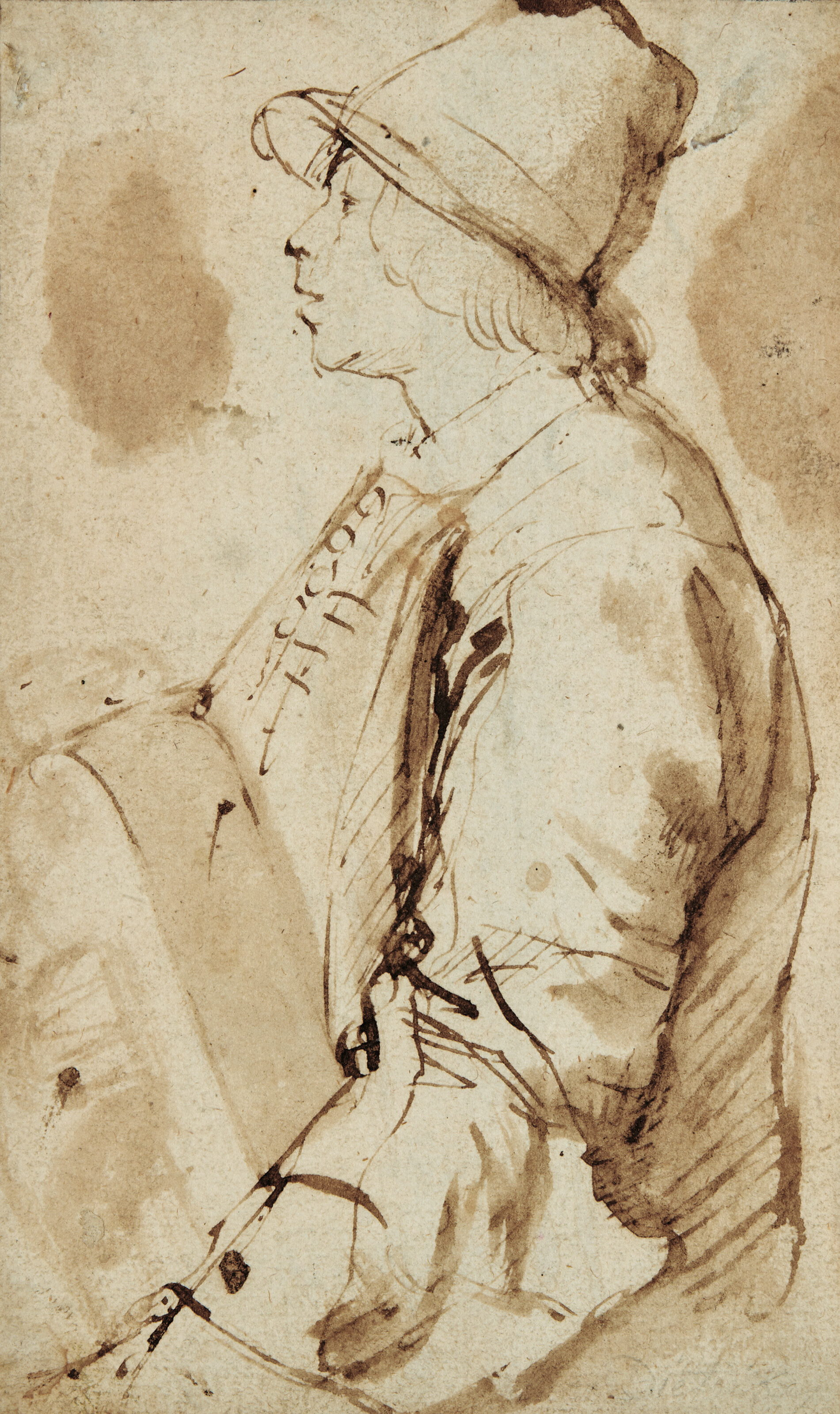 Jeune joueur de vielle à roue de profil (recto); Étude d'arbre (verso)