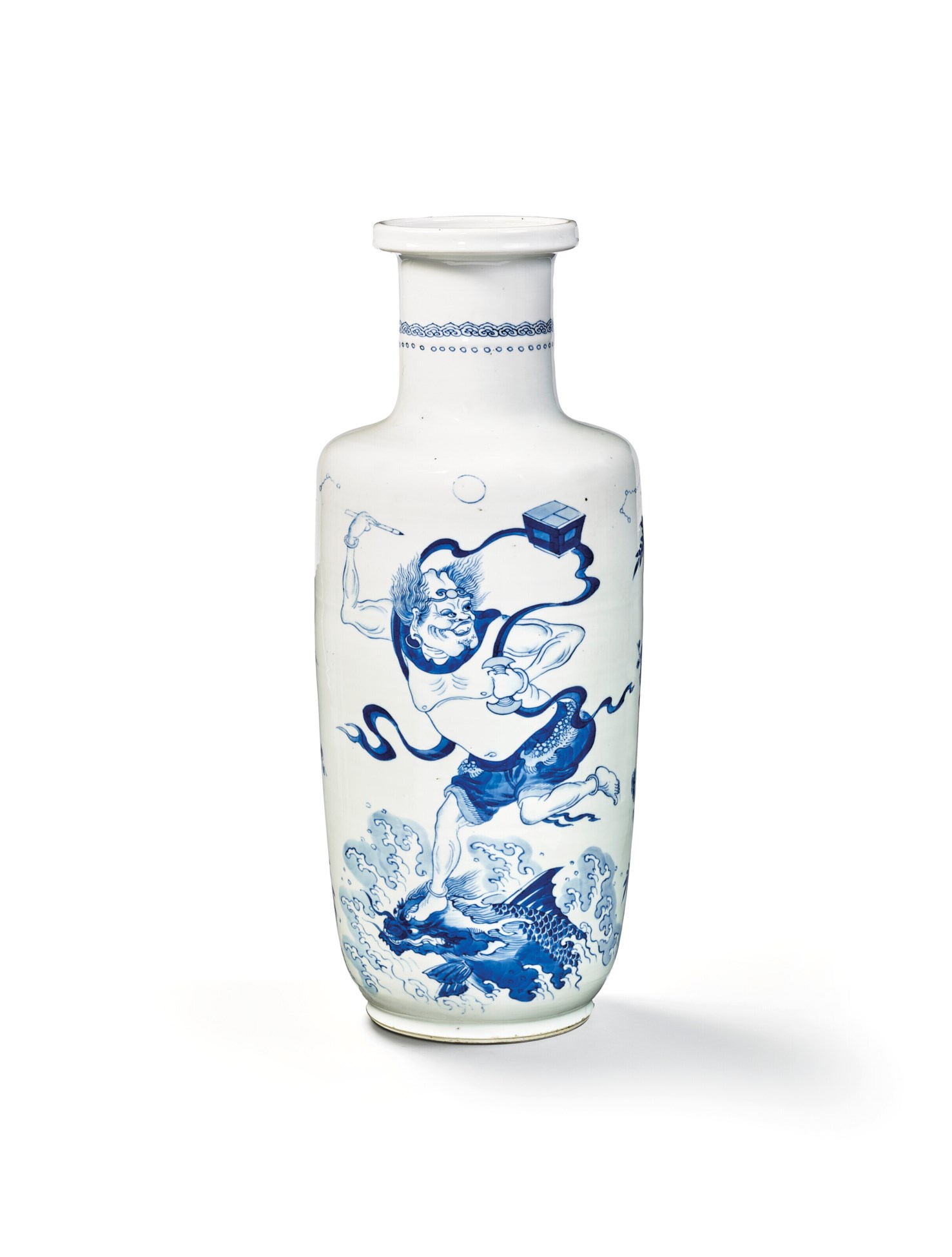 VASE ROULEAU EN PORCELAINE BLEU BLANC, CHINE, DYNASTIE QING, ÉPOQUE