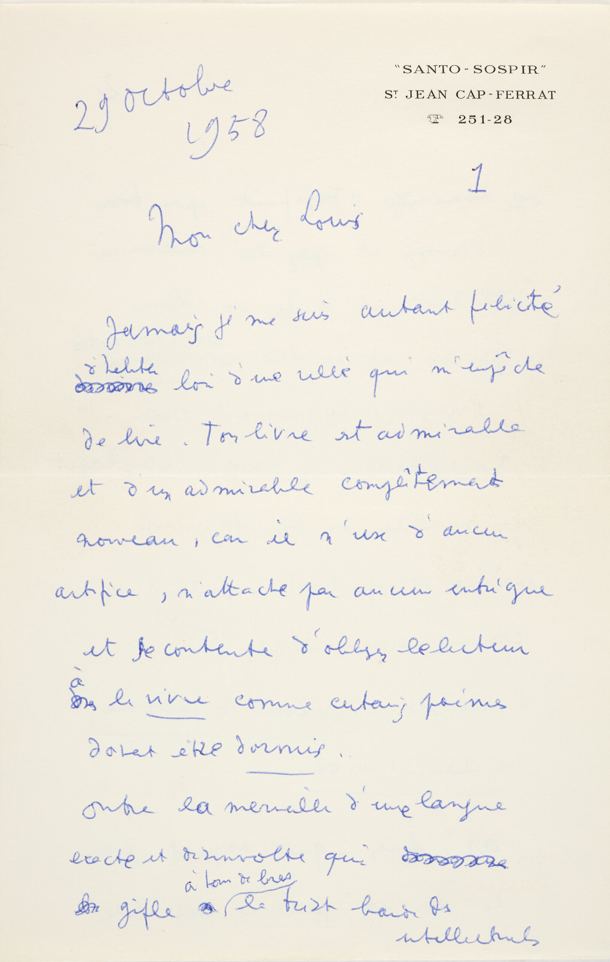 Lettre dactylographiée signée adressée à son grand ami Carlo Rim à en