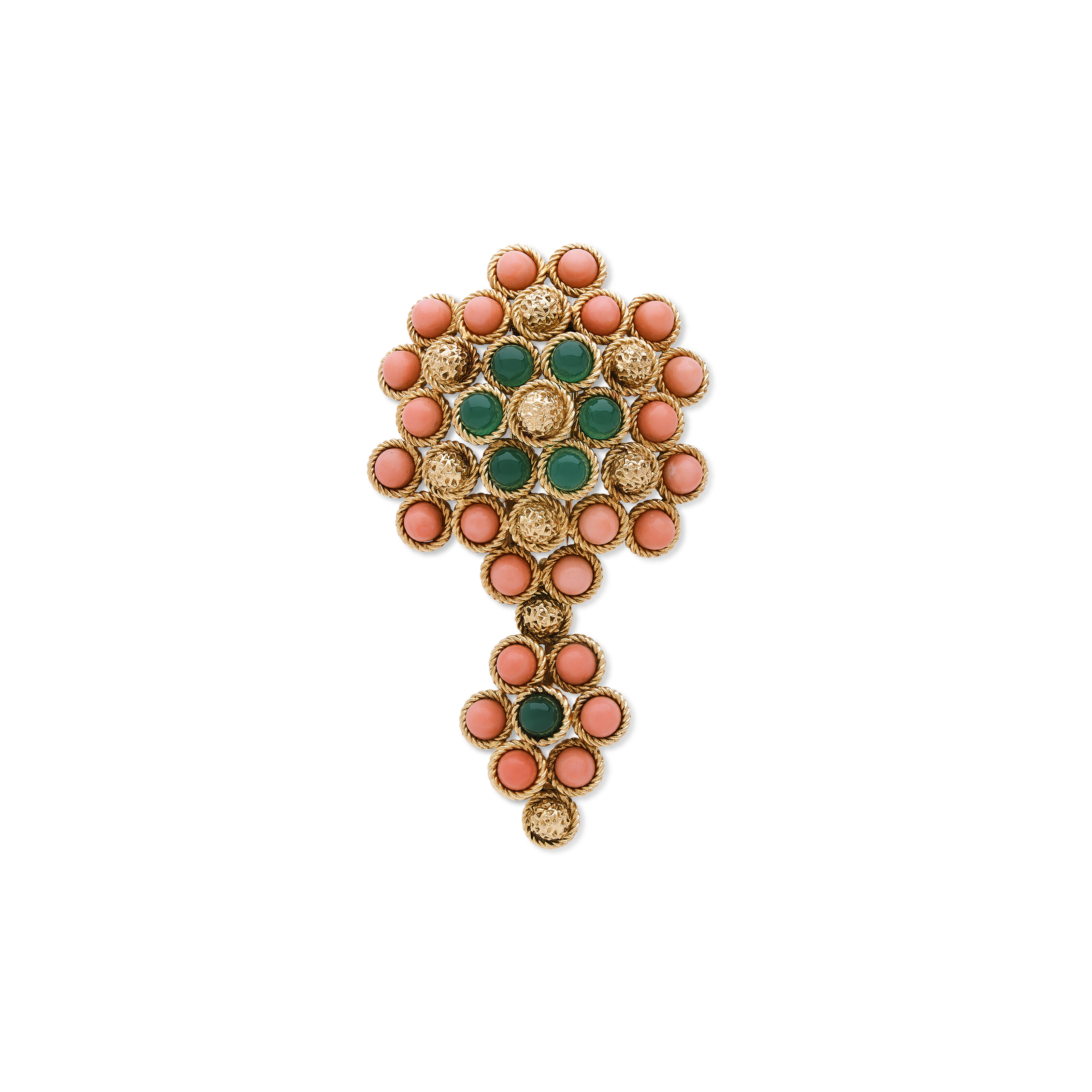 Broche Moderniste Signée Patricia Attia - En Pierre Fine Et Corail, Dominante Verte - Occasion En Très Bon état, Sans Métal
