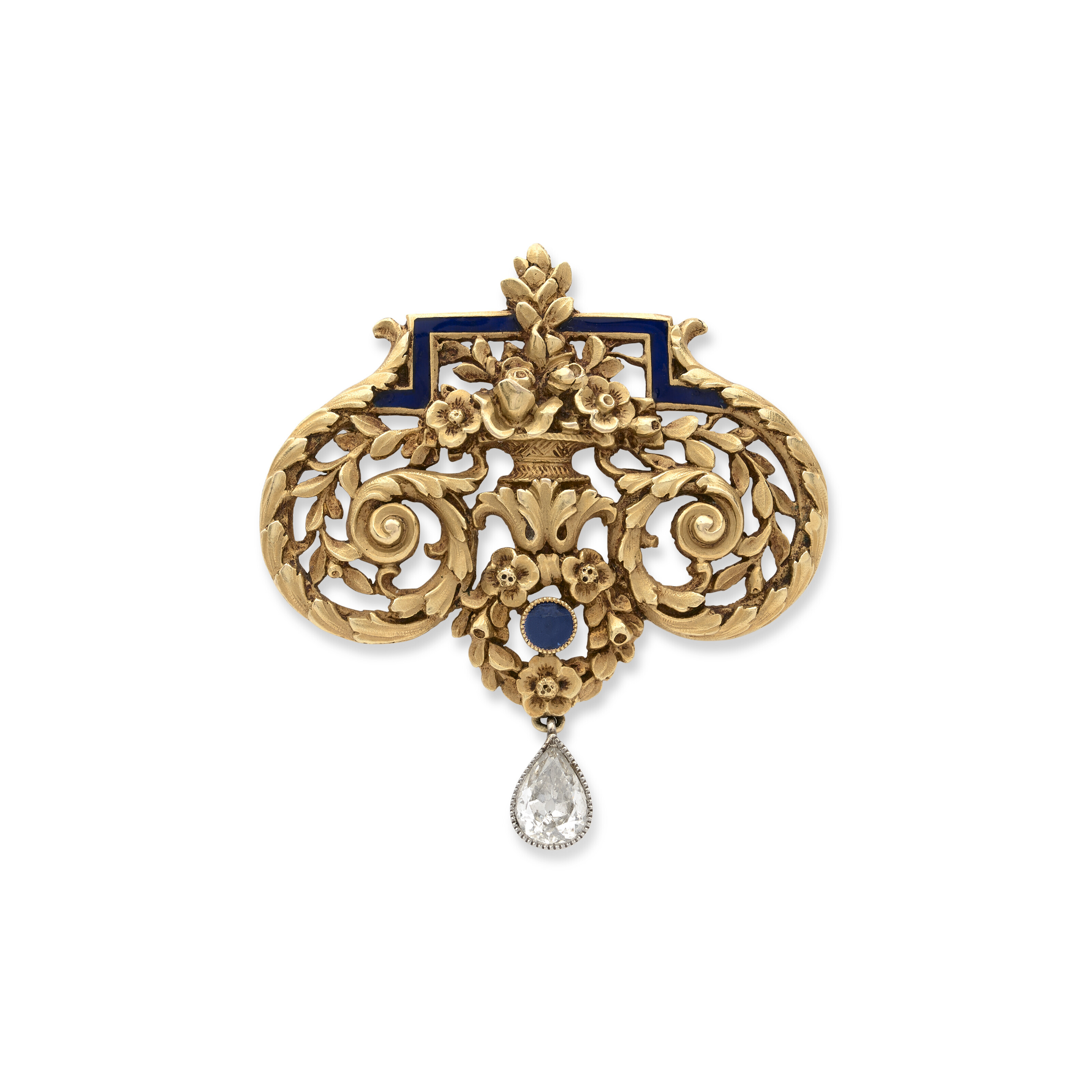 Broche rétro en or avec saphir bleu et jaune et diamants En vente sur