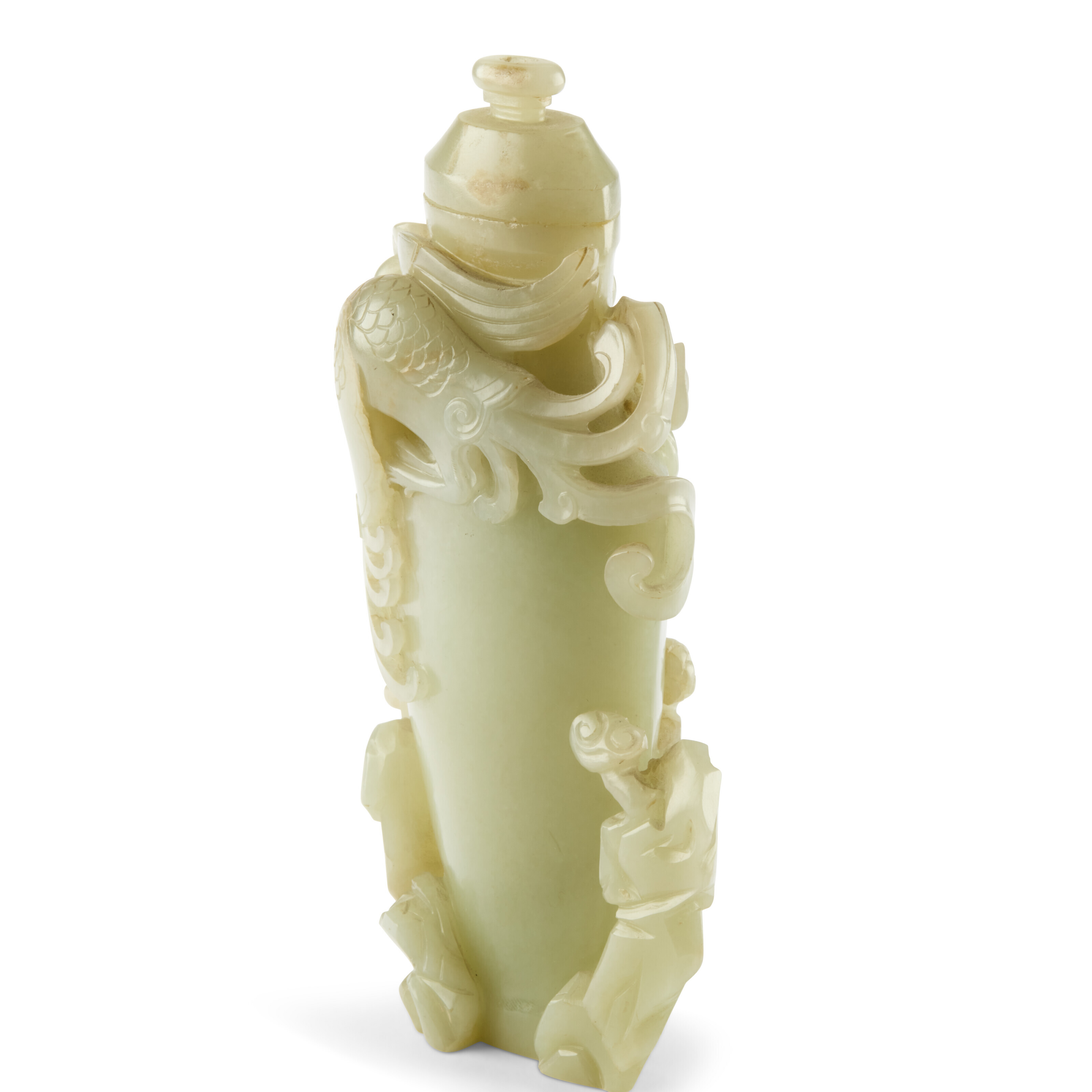 清十九世纪青白玉凤凰衔枝纹盖瓶, CHINA, QING DYNASTY, 19TH