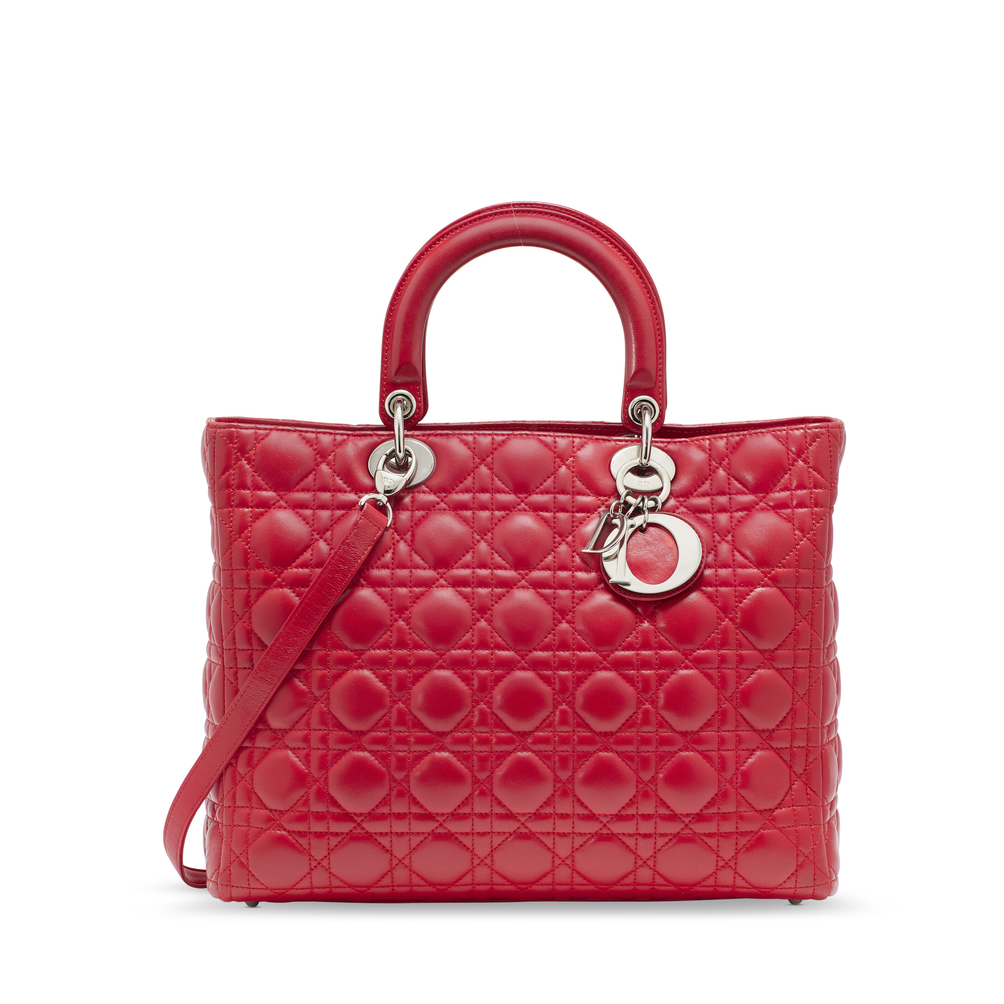 A RED LAMBSKIN LEATHER MEDIUM LADY DIOR WITH SILVER HARDWARE, DIOR