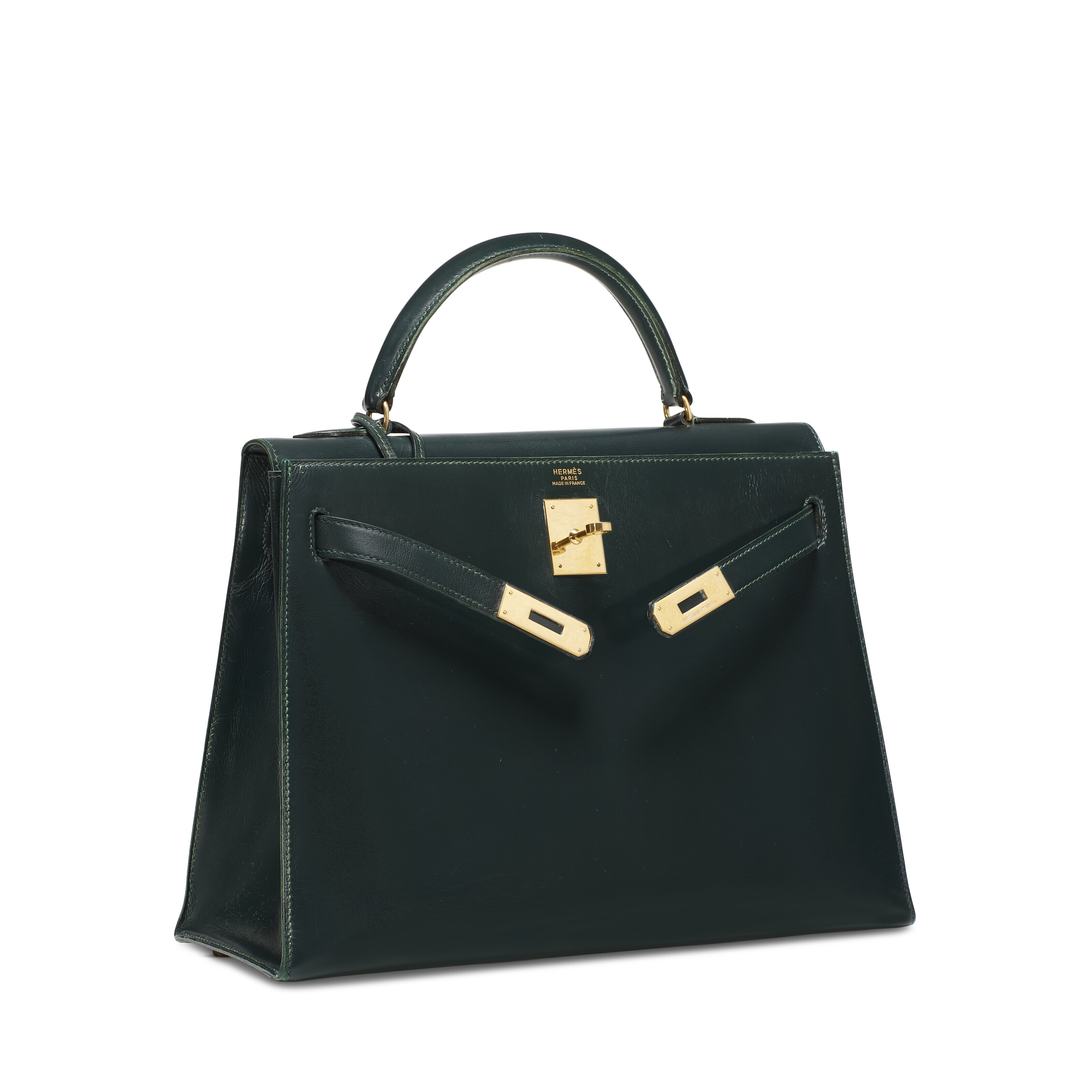 A VERT FONCÉ CALF BOX LEATHER SELLIER KELLY 32 WITH GOLD HARDWARE