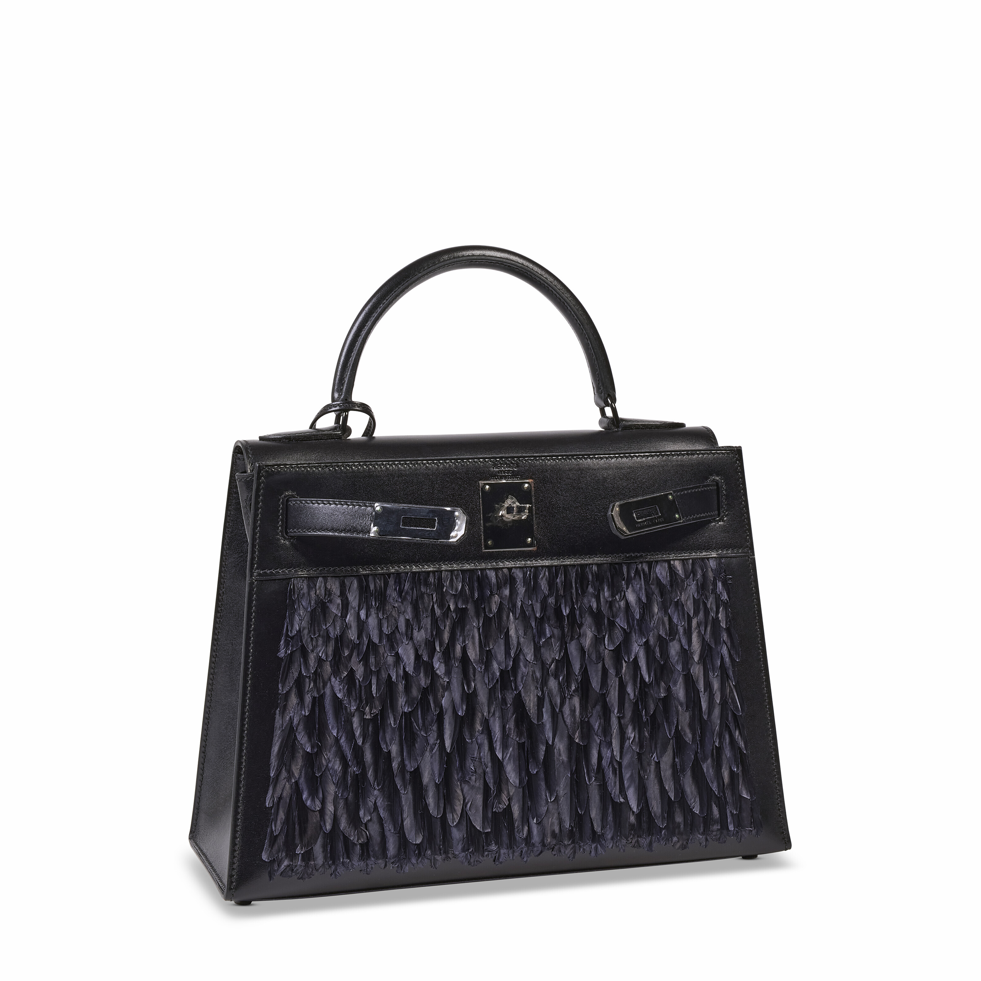 AN EXCEPTIONAL BLACK CALFBOX LEATHER FEATHERS SO BLACK SELLIER KELLY 28 WITH BLACK PVD HARDWARE