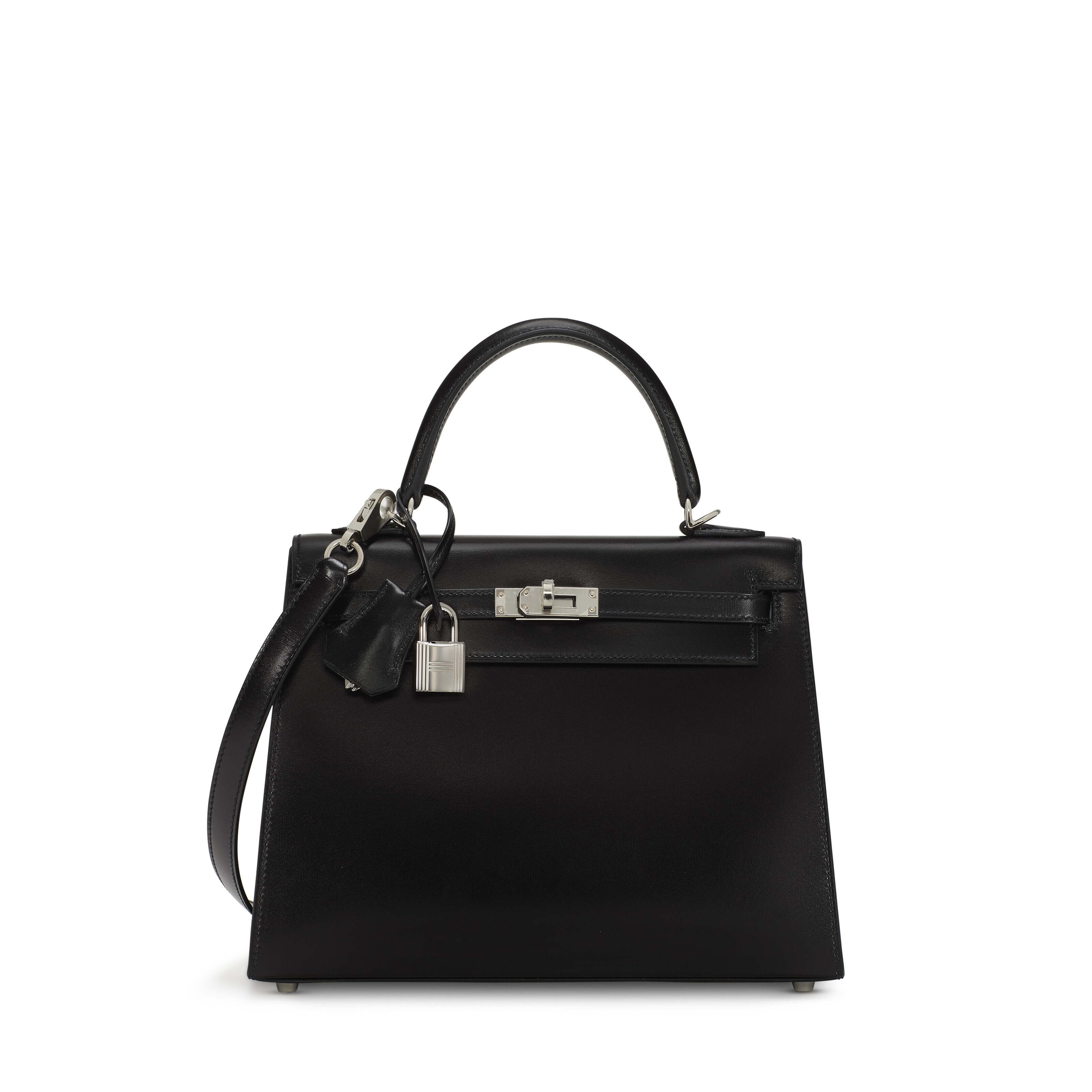 A BLACK CALF BOX LEATHER SELLIER KELLY 25 WITH PALLADIUM HARDWARE