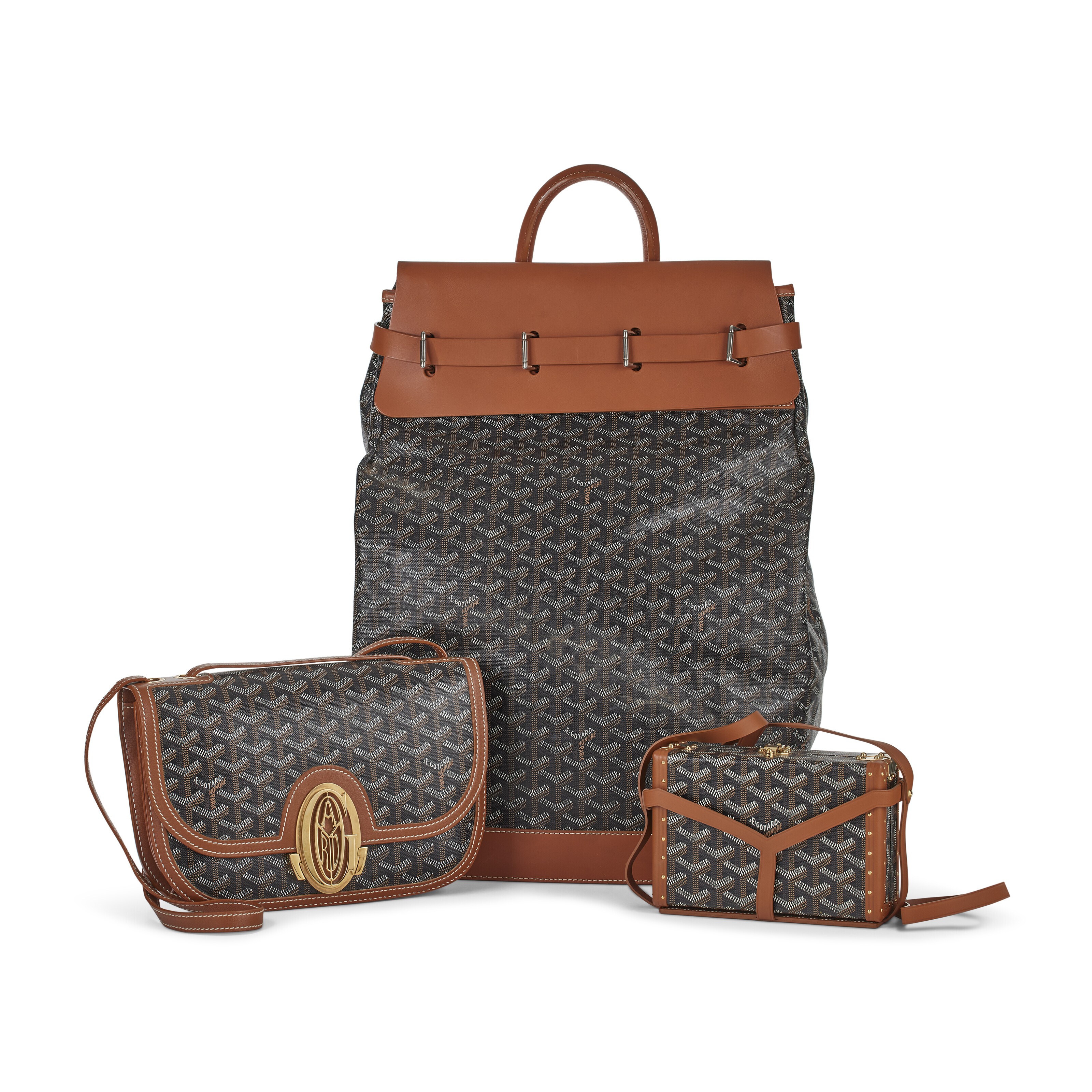 GROUP OF THREE GOYARDINE CANVAS LEATHER MINAUDI RE TRUNK 233