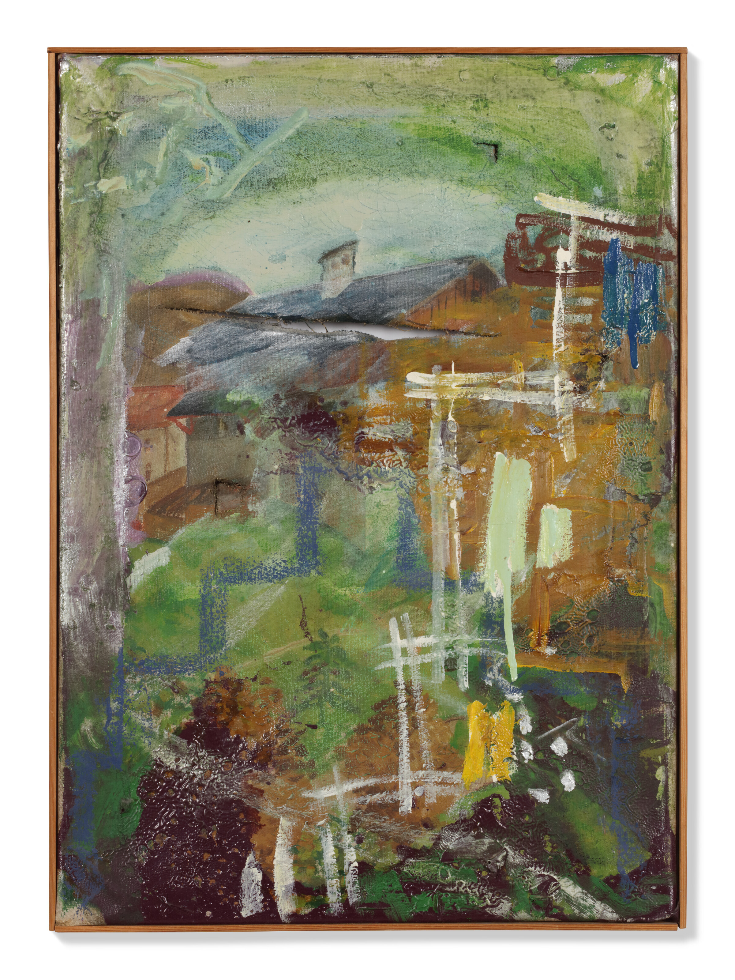 Per Kirkeby (1938-2018), Arkitektur (Architecture) (Modification), 1975. Enamel, silver paint, acrylic and d&eacute;coupage on canvas on found painting, in artist&rsquo;s frame. Canvas: 55.5 x 39.5 cm; overall: 56.5 x 41 cm. Sold for €21,420 on 25 April 2023 at Christie’s Online