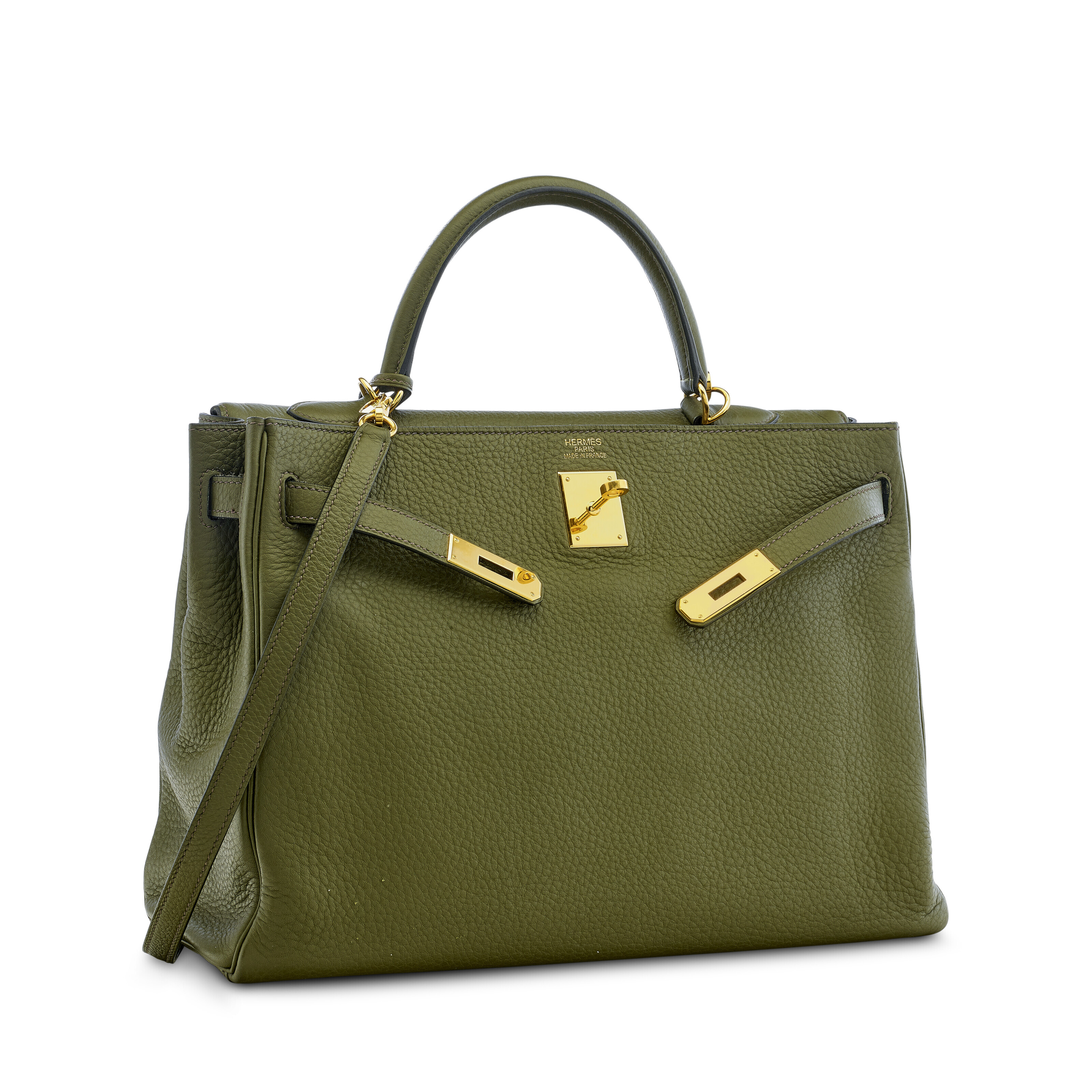 A VERT OLIVE CLÉMENCE LEATHER RETOURNÉ KELLY 35 WITH GOLD HARDWARE