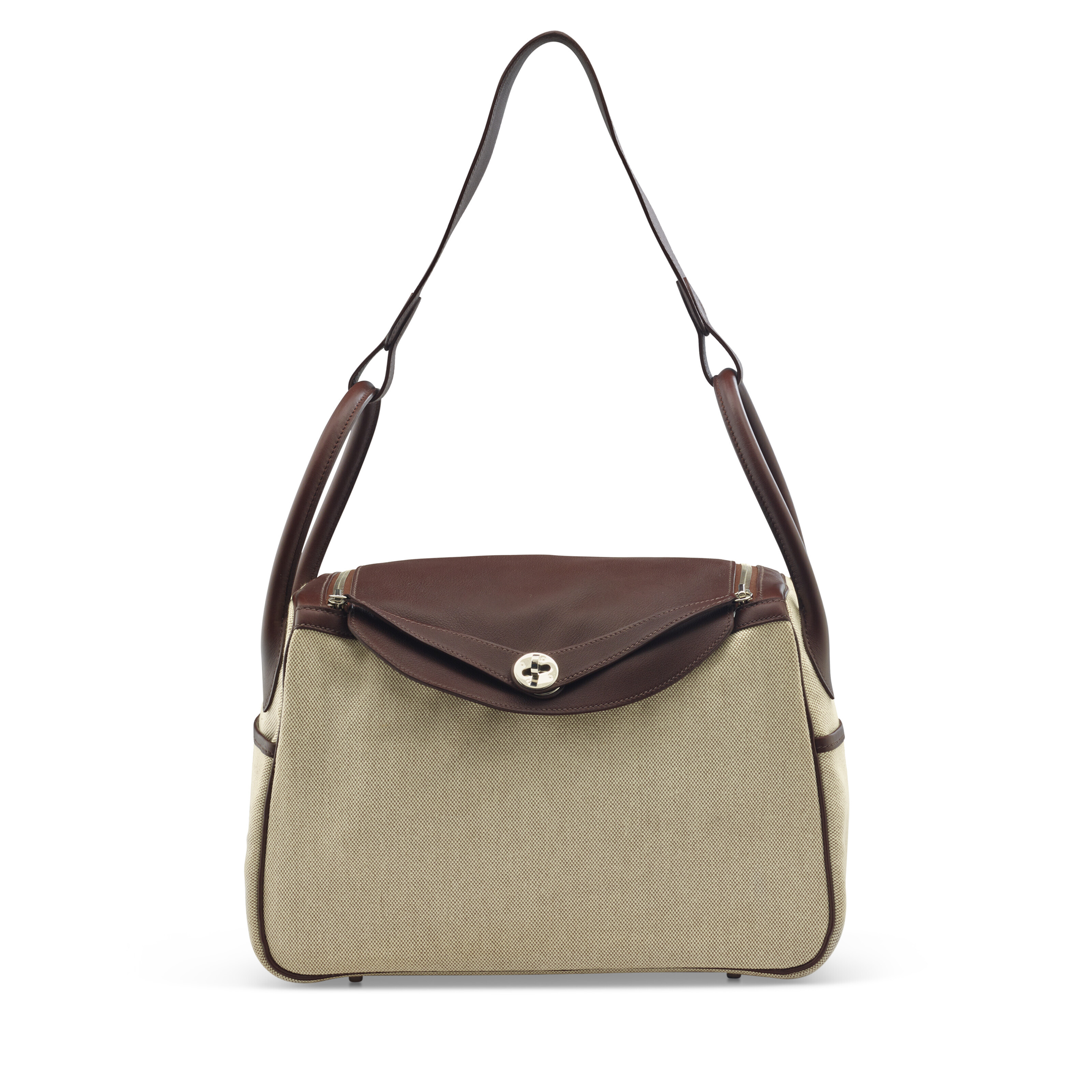 AN ÉBÈNE SWIFT LEATHER & TOILE H LINDY 34 WITH PALLADIUM HARDWARE