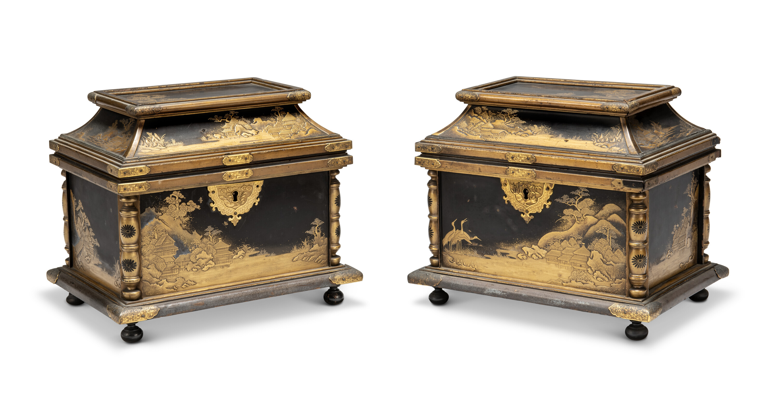 A pair of Japanese pagoda-form gilt-metal-mounted, black and gilt lacquer table caskets, 17th century, offered in Ombersley Court: The Collection of Lord and Lady Sandys on 29 November 2023 at Christie's in London