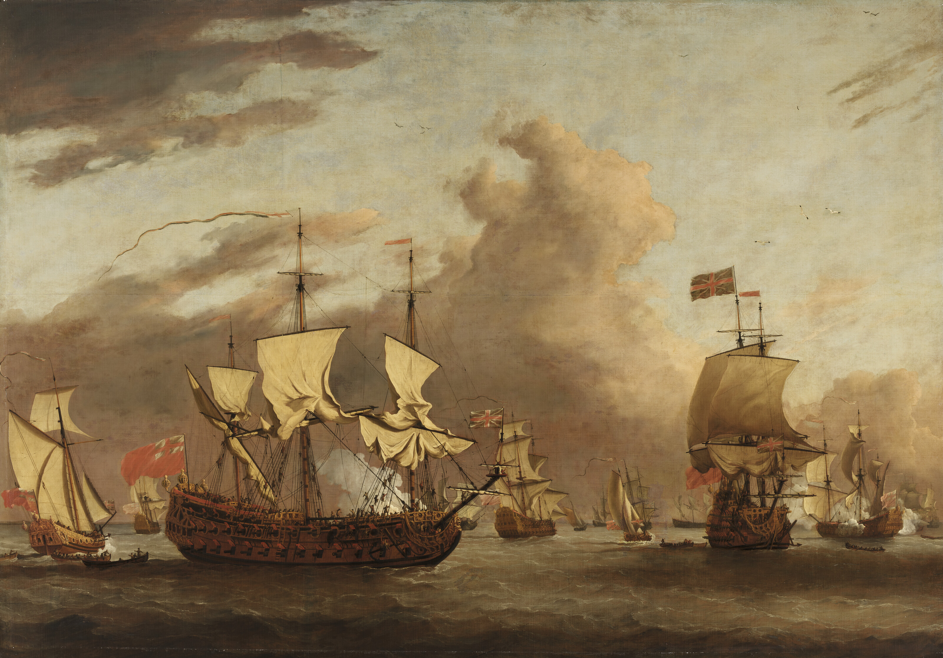 Willem van de Velde the Younger (1633-1707) and studio, An English Two-Decker at Sea, offered in Ombersley Court: The Collection of Lord and Lady Sandys on 29 November 2023 at Christie's in London