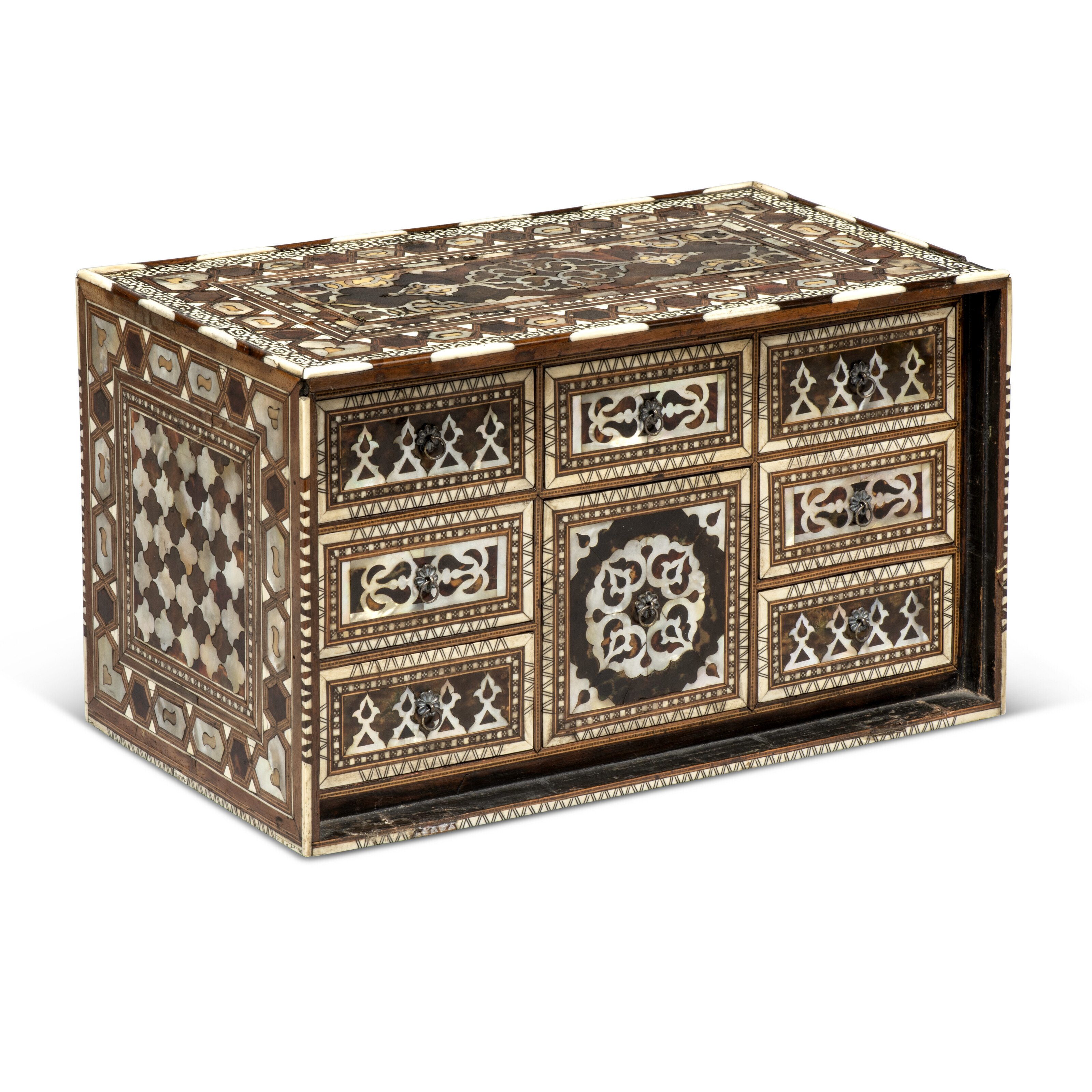 An Ottoman Turkish tortoiseshell, bone and mother-of-pearl inlaid walnut table cabinet, dated August 1690, offered in Ombersley Court: The Collection of Lord and Lady Sandys on 29 November 2023 at Christie's in London