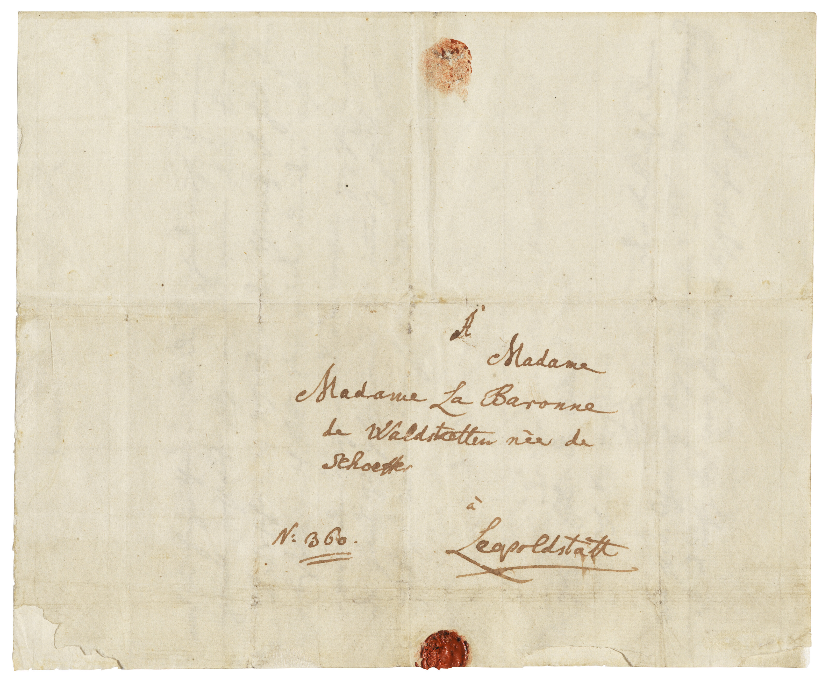 Address leaf with the remnant of a seal in red wax: &lsquo;&Agrave; Madame / Madame La Baronne de Waldstaetten n&egrave;e de Schoeffer / &agrave; Leopoldstatt / N: 360&rsquo;, from Wolfgang Amadeus Mozart&rsquo;s letter to (Martha Elisabeth) Baroness von Waldst&auml;tten, Vienna, shortly before 4 August 1782