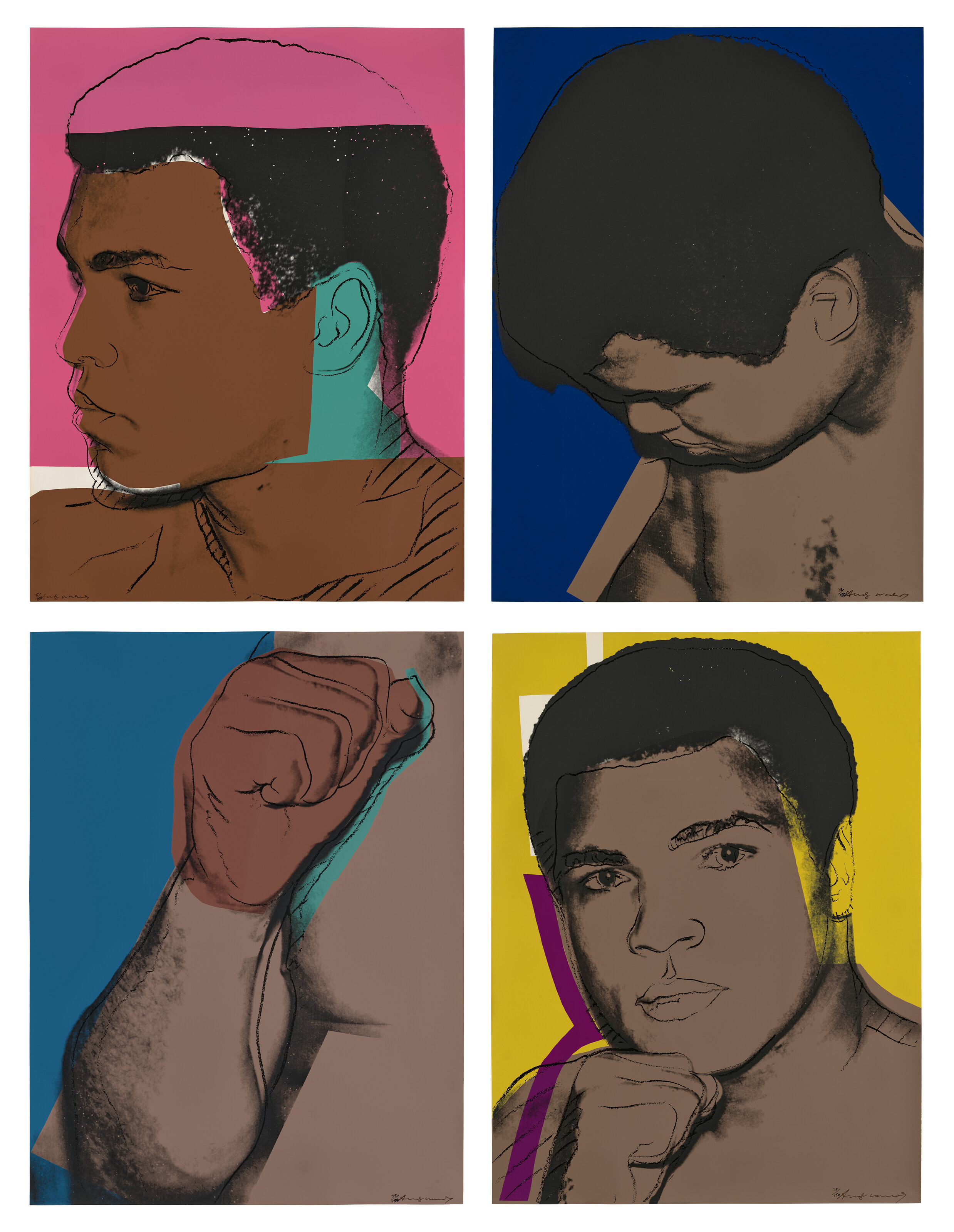 Andy Warhol (1928-1987), Muhammad Ali, 1978. The complete set of four screenprints in colours on Strathmore Bristol paper, each signed in ink, numbered 35/150 (there were also ten artist&rsquo;s proofs). Image &amp; sheet: 1016 x 762 mm (each). Sold for £239,400 on 16 March 2023 at Christie’s Online