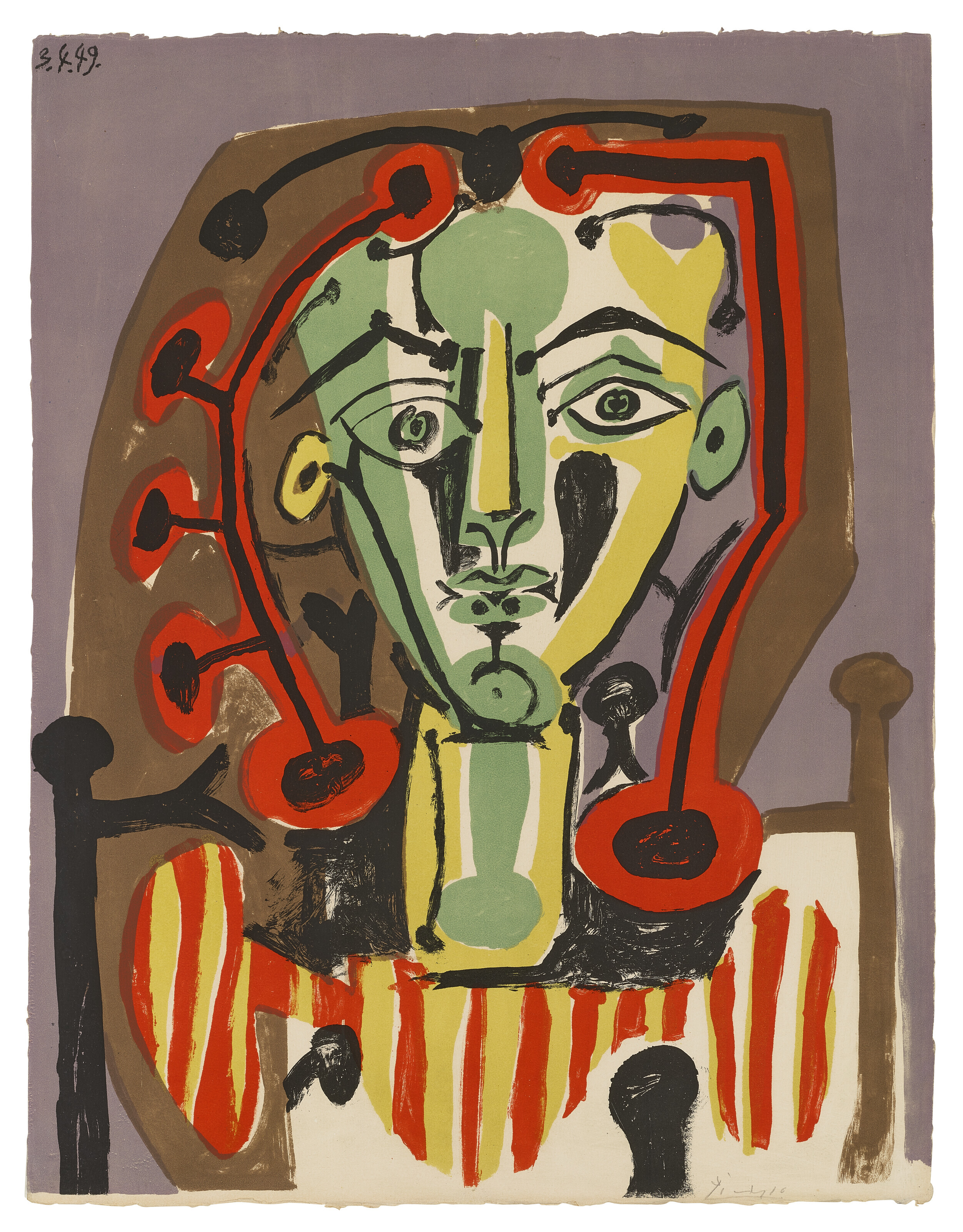 Pablo Picasso (1881-1973), Figure au corsage ray&eacute;, 1949. Lithograph in colours on Arches wove paper, signed in pencil, numbered 6/50.  Image &amp; sheet: 653 x 503 mm. Sold for £100,800 on 16 March 2023 at Christie’s Online