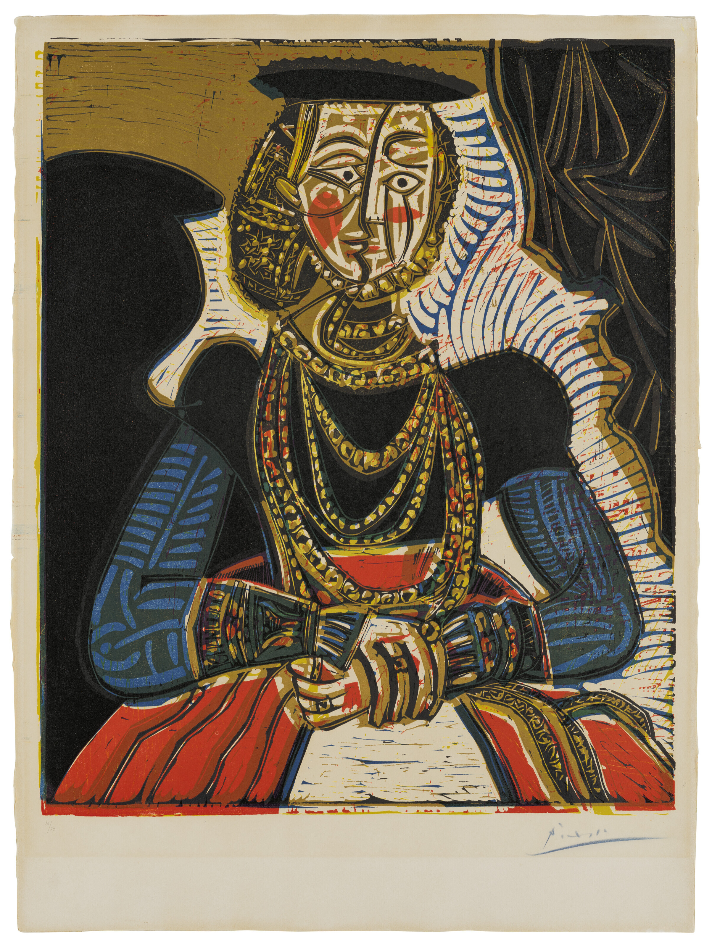 Pablo Picasso (1881-1973), Buste de femme d&rsquo;apr&egrave;s Cranach le Jeune, 1958. Linocut in colours on Arches wove paper, signed in blue crayon, numbered 31/50. Image 650 x 533 mm; sheet 765 x 570 mm. Sold for £567,000 on 16 March 2023 at Christie’s Online
