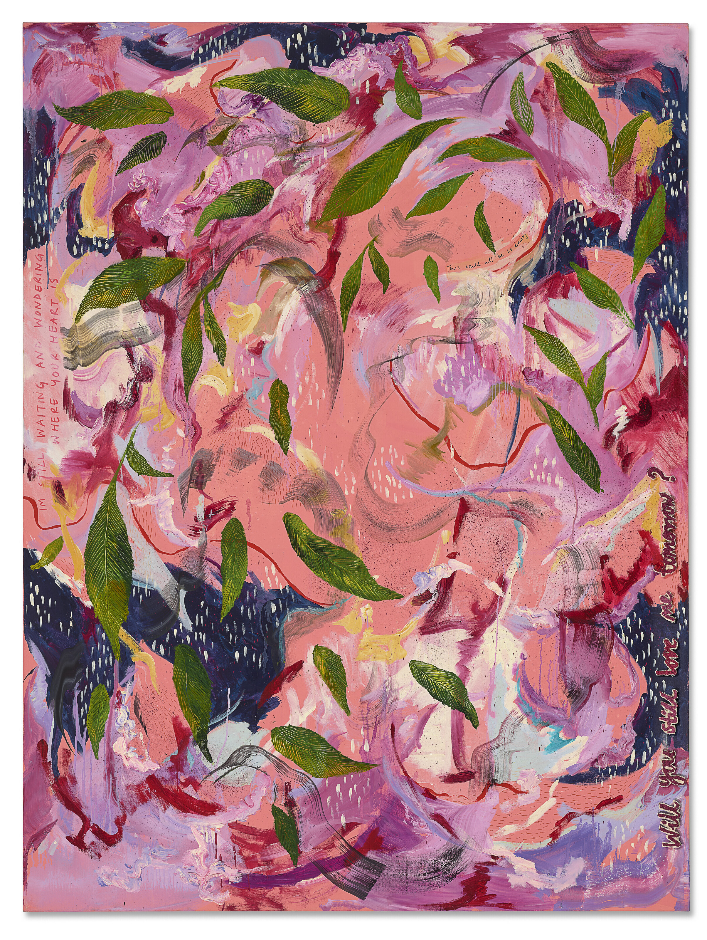 Michaela Yearwood-Dan (b. 1994), Love me nots, 2021. Oil, acrylic, ink, embroidery and gold leaf on canvas. 78&frac34; x 59 1/8 in (200 x 150 cm). Sold for &pound;730,800 on 28 February 2023 at Christie&rsquo;s in London