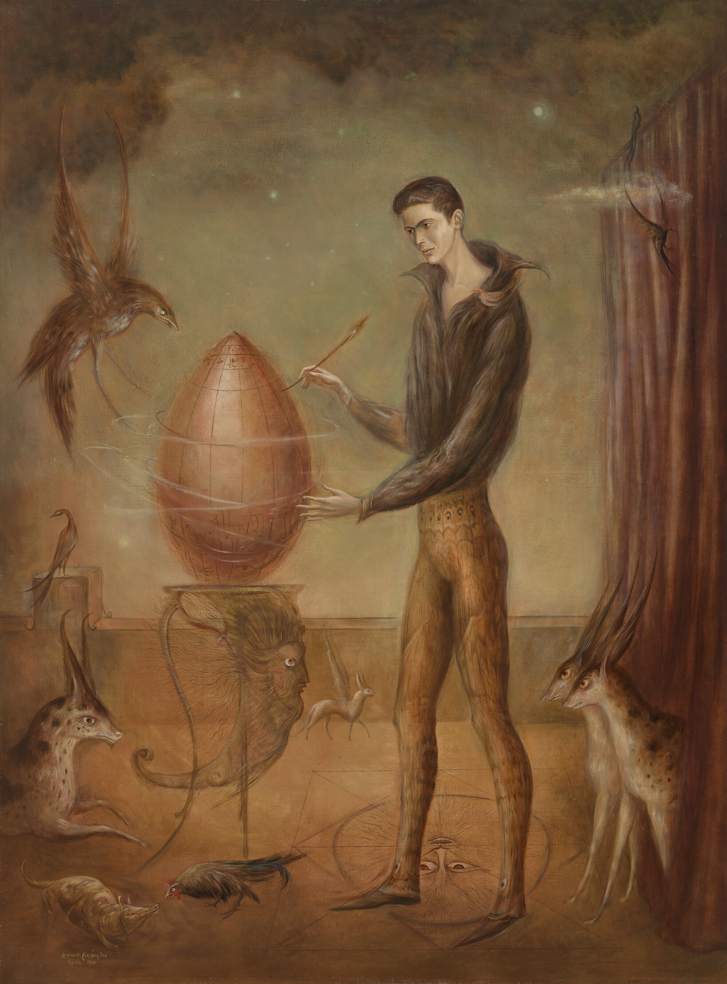 莉奥诺拉·卡林顿(1917–2011) ，《我想成为一只鸟》，1960年作。油彩、画布。47¼ x 35½ 英寸（120 x 90.2 公分）。估价：900,000-1,400,000英镑。2023年2月28日于佳士得伦敦超现实主义艺术晚间拍卖中推出