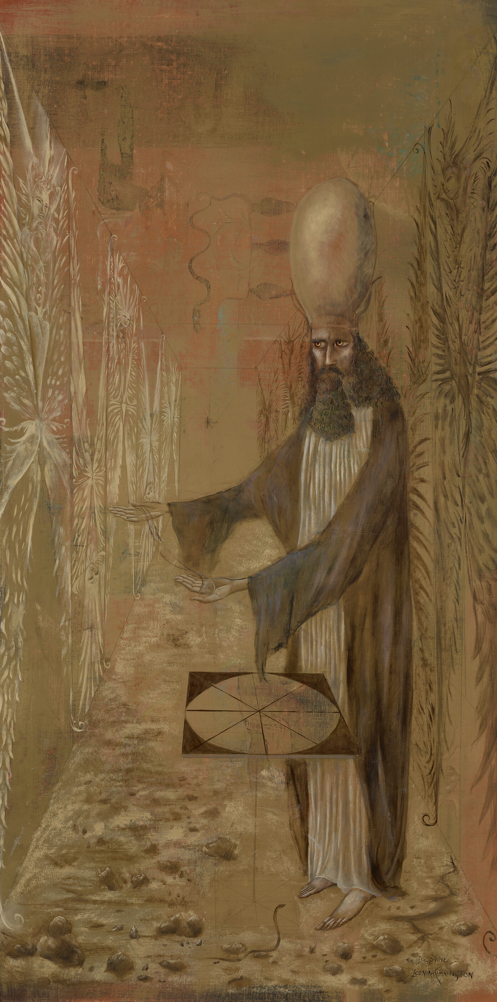 莉奥诺拉·卡林顿(1917–2011) ，《⼤祭司（献给多芬）》，1958年作。油彩、画布。39½ x 19¾ 英寸（100.3 x 50.2 公分）。估价：400,000-700,000英镑。2023年2月28日于佳士得伦敦超现实主义艺术晚间拍卖中推出