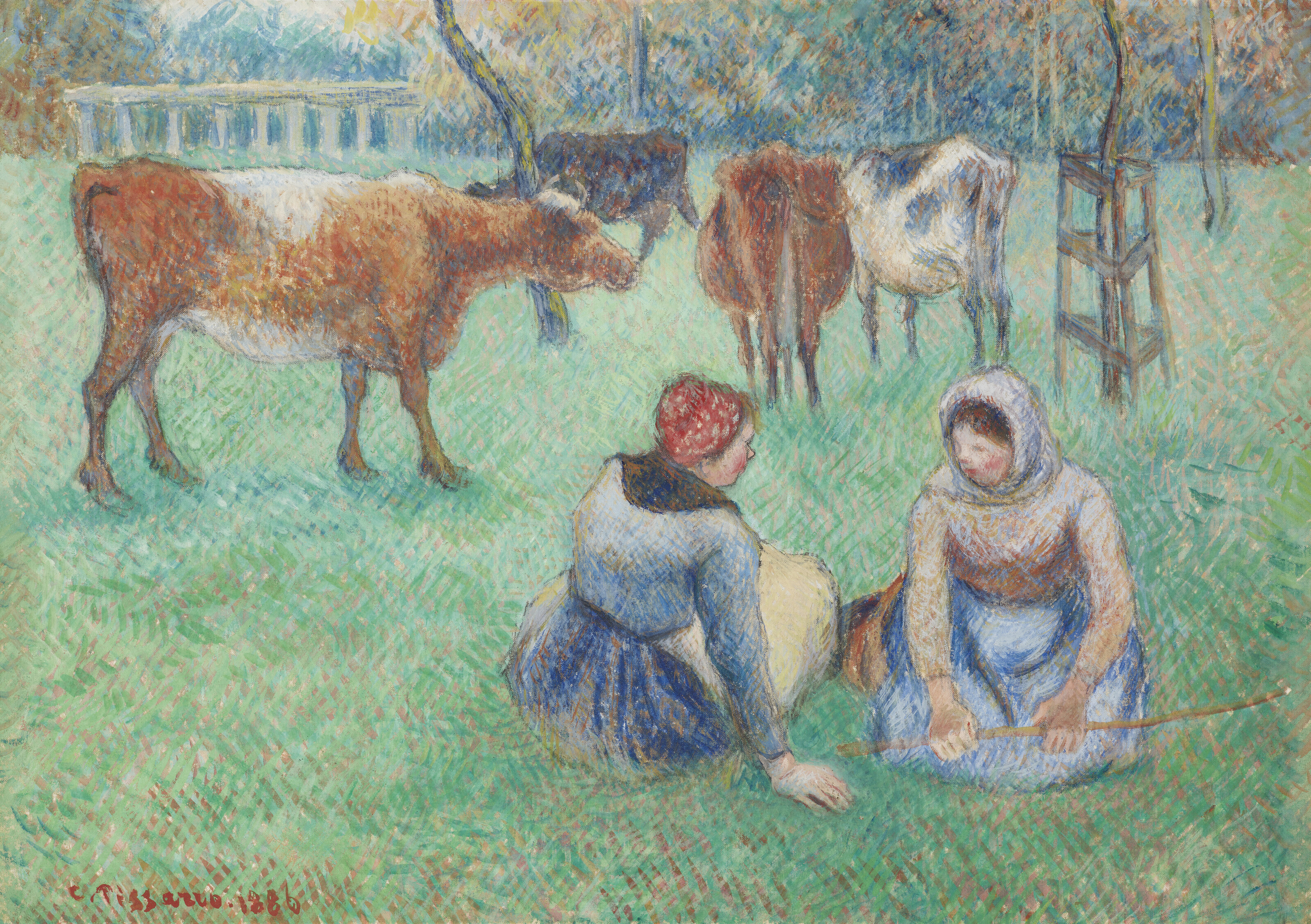 Paysannes assises gardant des vaches