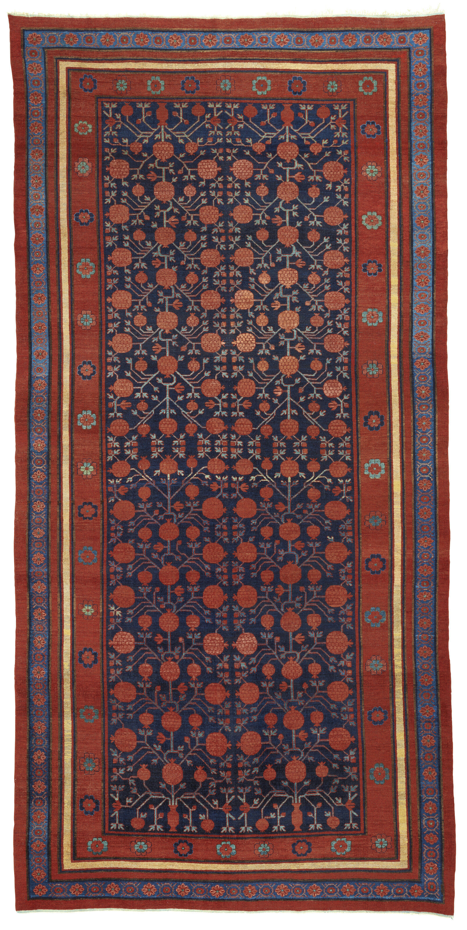 A Yarkand carpet, east Turkestan, third quarter 19th century. 14 ft x 8 ft 2 in (426 x 209 cm). Estimate: &pound;12,000-16,000. Offered in Art of the Islamic and Indian Worlds Including Oriental Rugs and Carpets on 27 April 2023 at Christie&rsquo;s in London