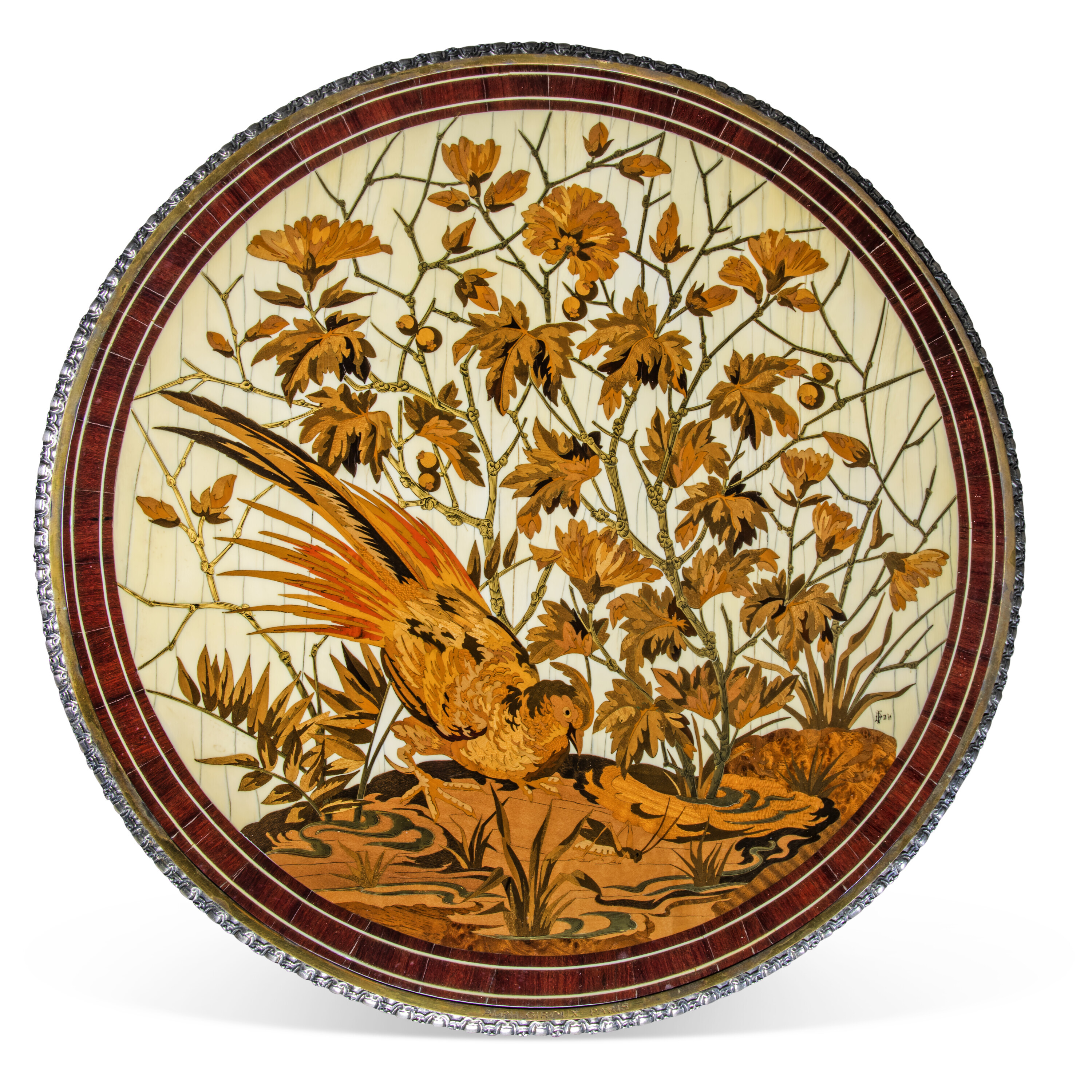 A French ormolu, silvered-bronze and marquetry gueridon by Alphonse Giroux, Paris, marquetry by Veuve Ferdinand Duvinage, circa 1880. 29&frac14; in (75 cm) high. Sold for £56,700 on 18 April 2023 at Christie’s Online
