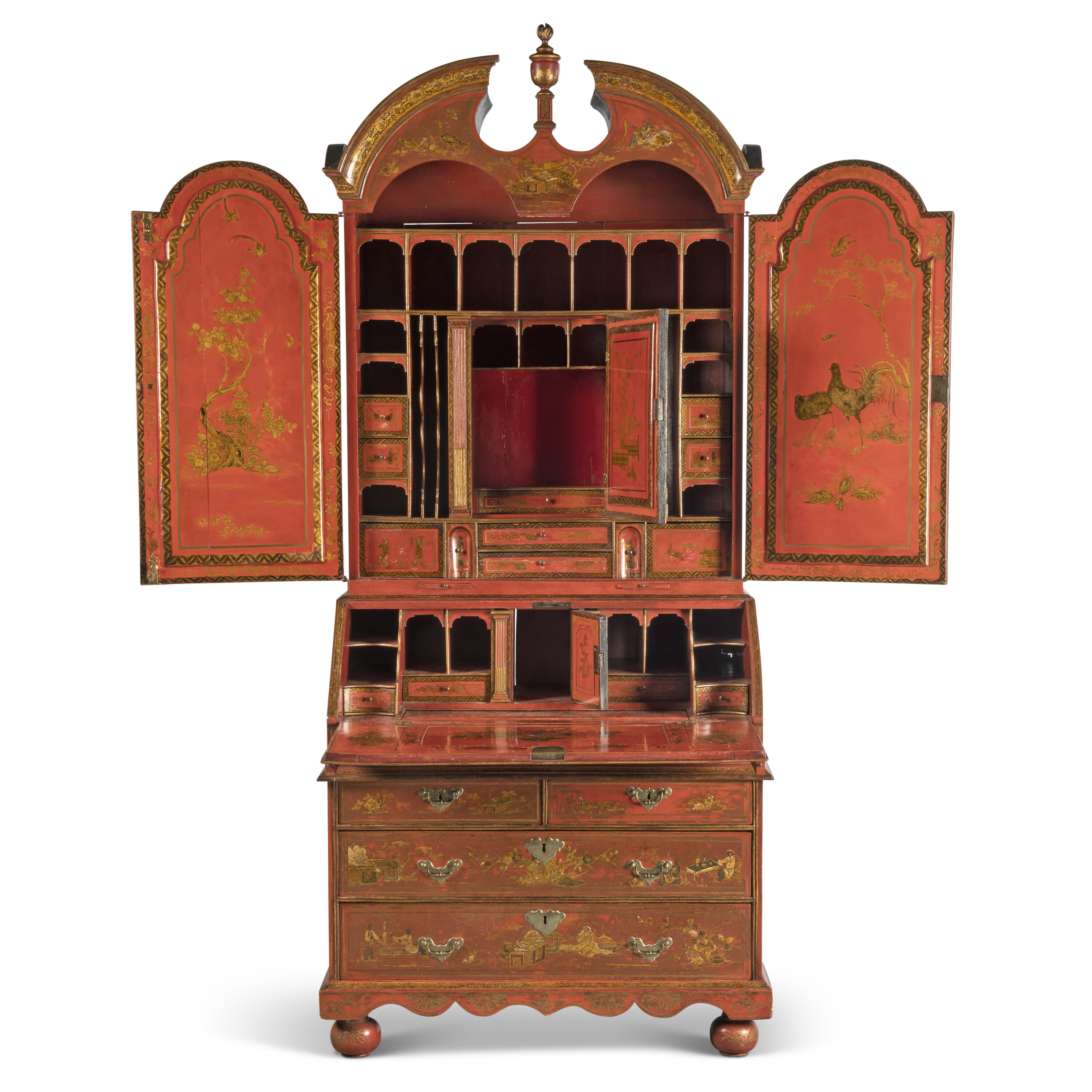 English Scarlet Gilt and Polychrome Japanned Secretary