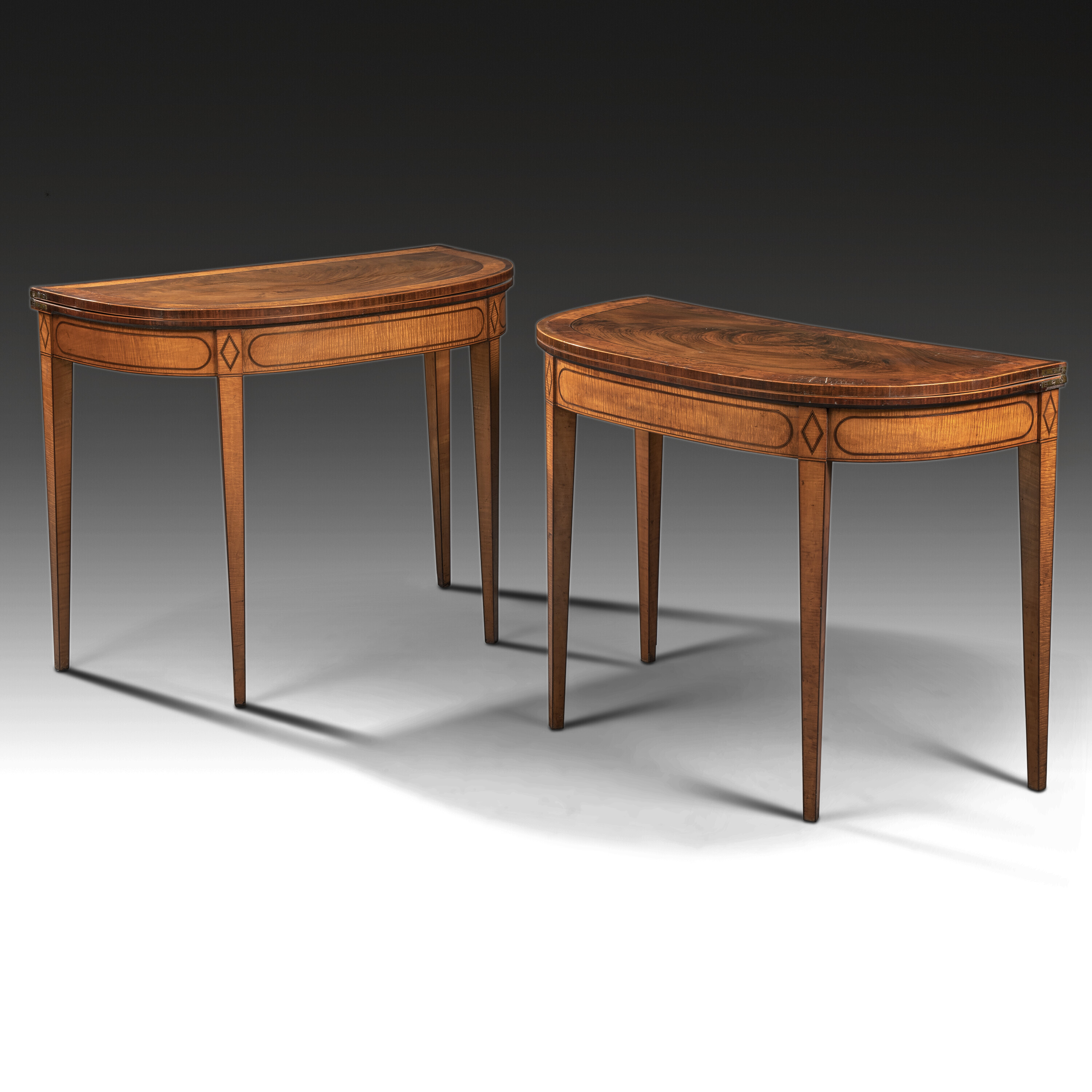 A PAIR OF GEORGE III PADOUK, FIDDLEBACK MAPLE AND BIRDS EYE MAPLE D ...
