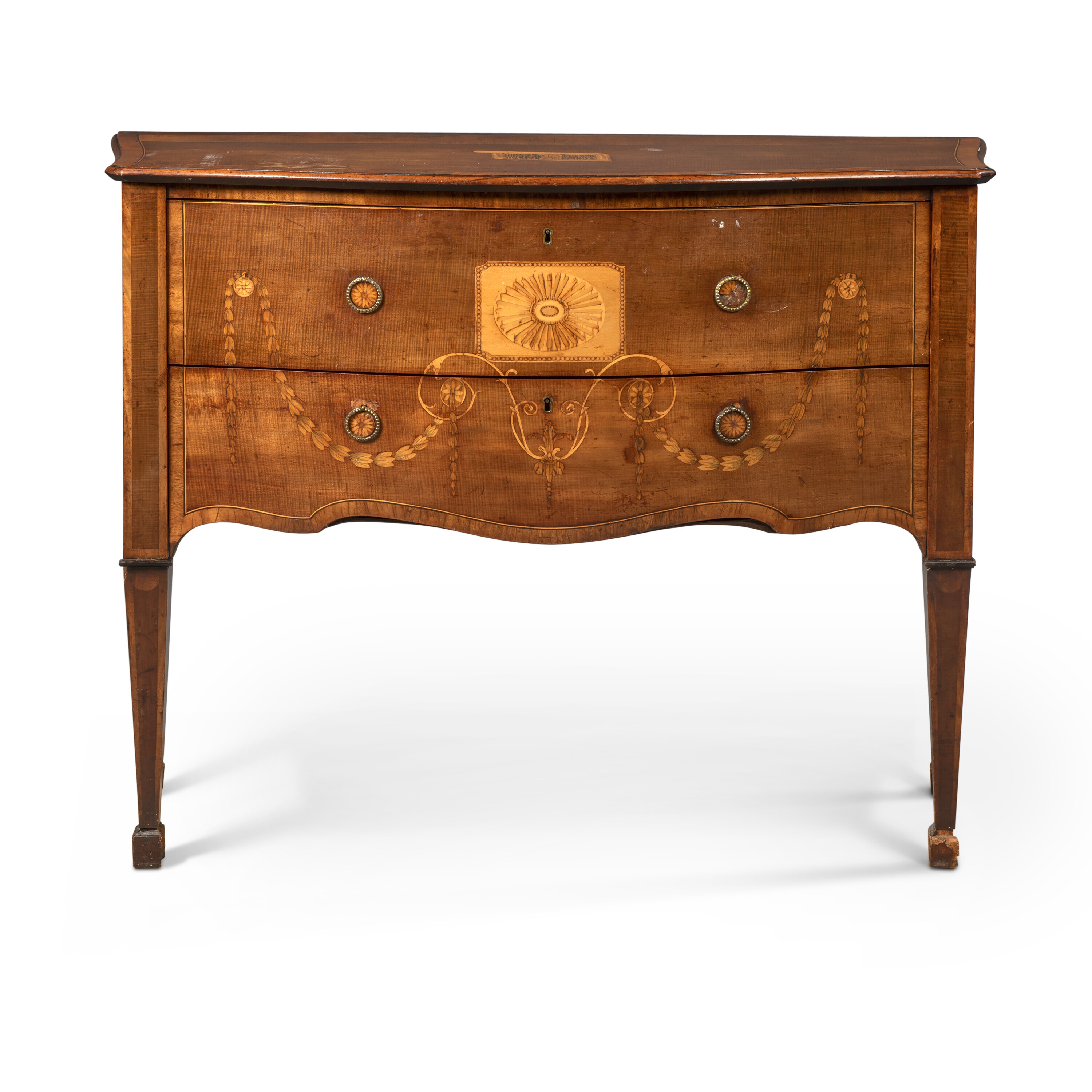 A GEORGE III HAREWOOD, PADOUK, SYCAMORE AND MARQUETRY COMMODE ...