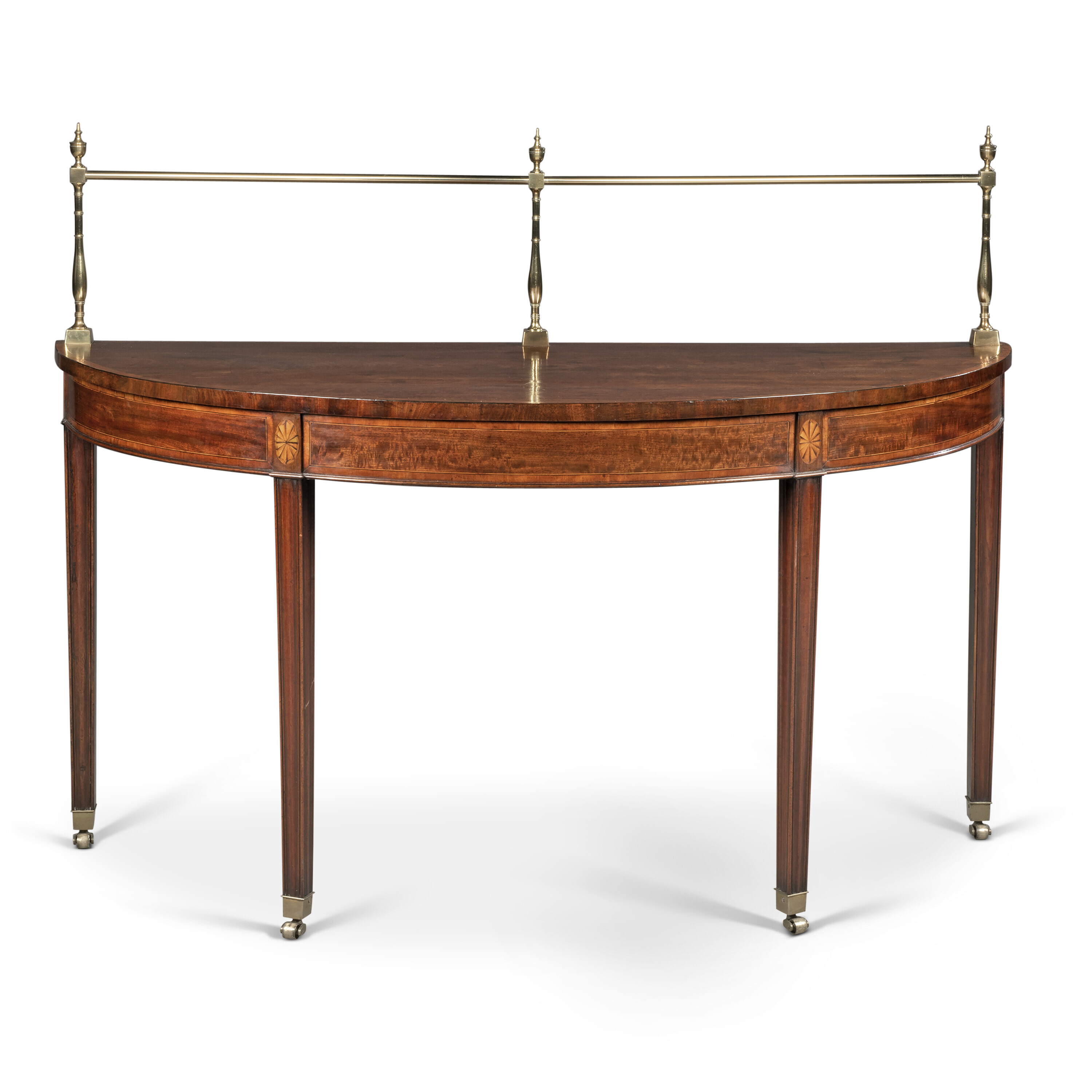 A GEORGE III MAHOGANY AND SATINWOOD-BANDED DEMI-LUNE SERVING-TABLE ...