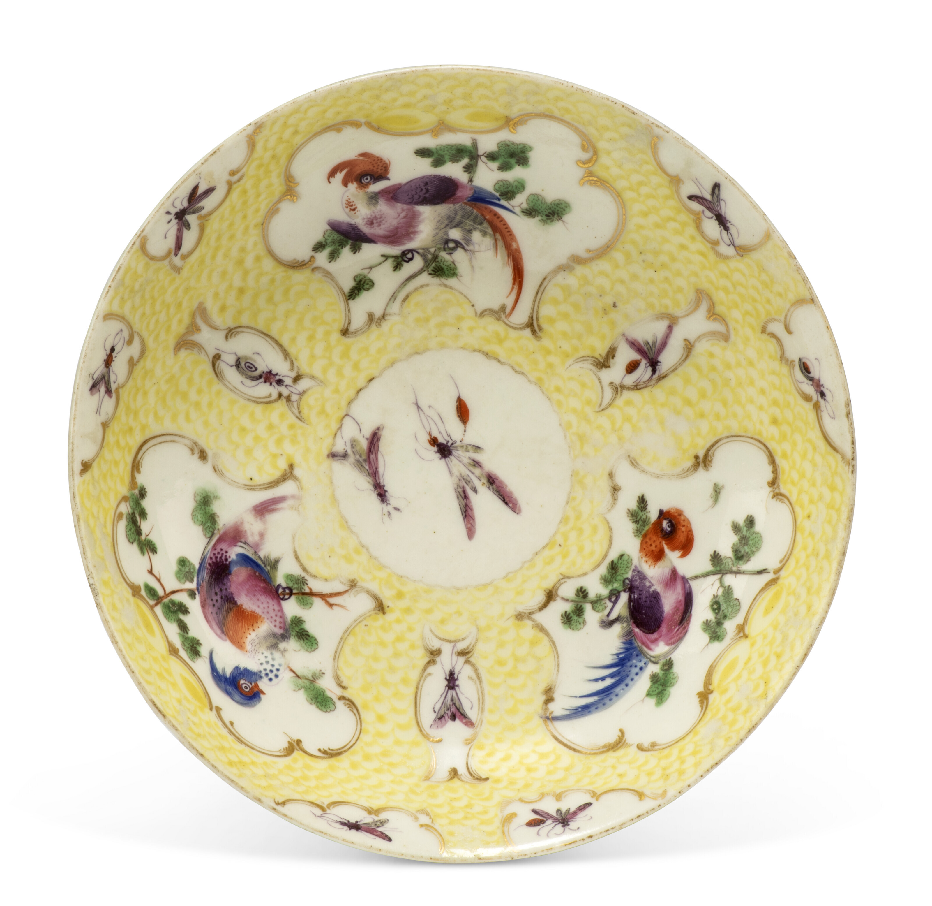 A WORCESTER PORCELAIN YELLOW SCALE-GROUND TRIO, CIRCA 1768